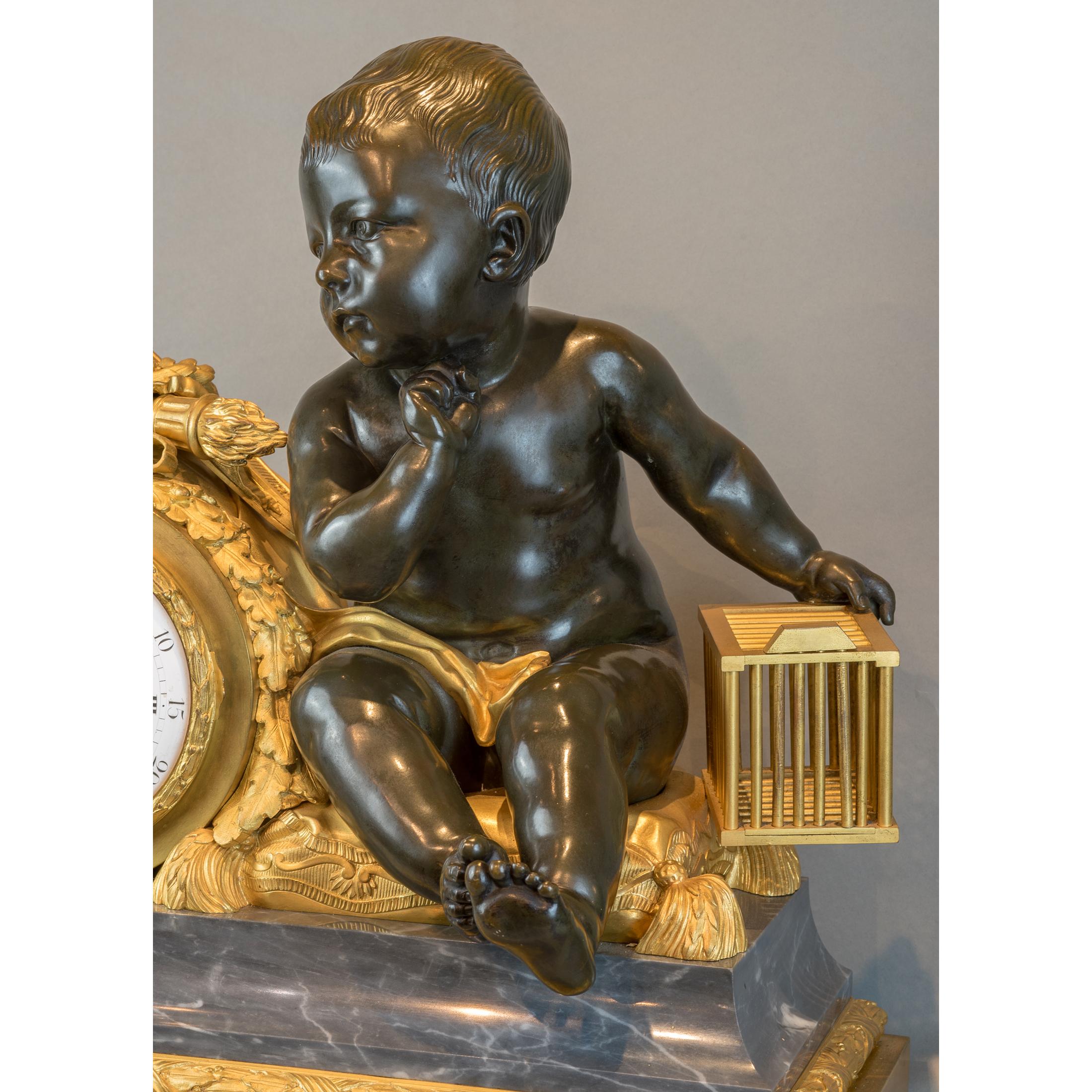 French Gilt Bronze and Marble Figural Clock by Beurdeley For Sale