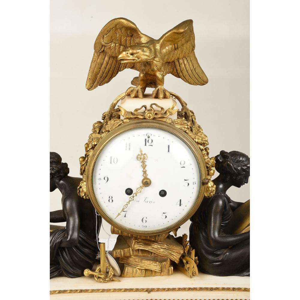 French Fine Quality Louis XVI Style Gilt Bronze Figural Mantel Clock and Marble Base For Sale