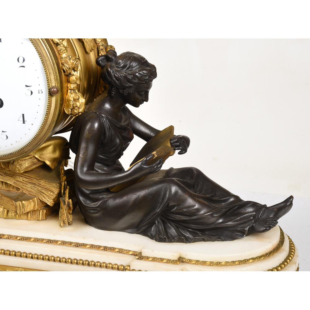 Fine Quality Louis XVI Style Gilt Bronze Figural Mantel Clock and Marble Base In Good Condition For Sale In New York, NY