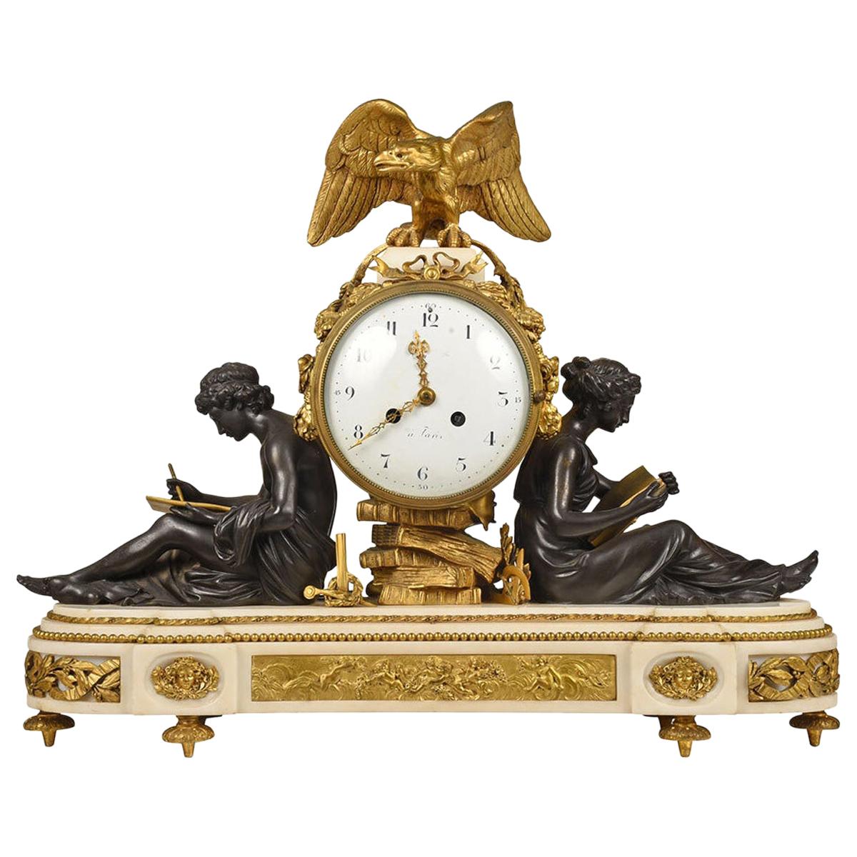 Fine Quality Louis XVI Style Gilt Bronze Figural Mantel Clock and Marble Base For Sale