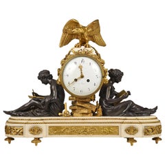 Fine Quality Louis XVI Style Gilt Bronze Figural Mantel Clock and Marble Base