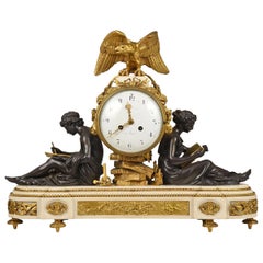 Antique Fine Quality Louis XVI Style Gilt Bronze Figural Mantel Clock and Marble Base