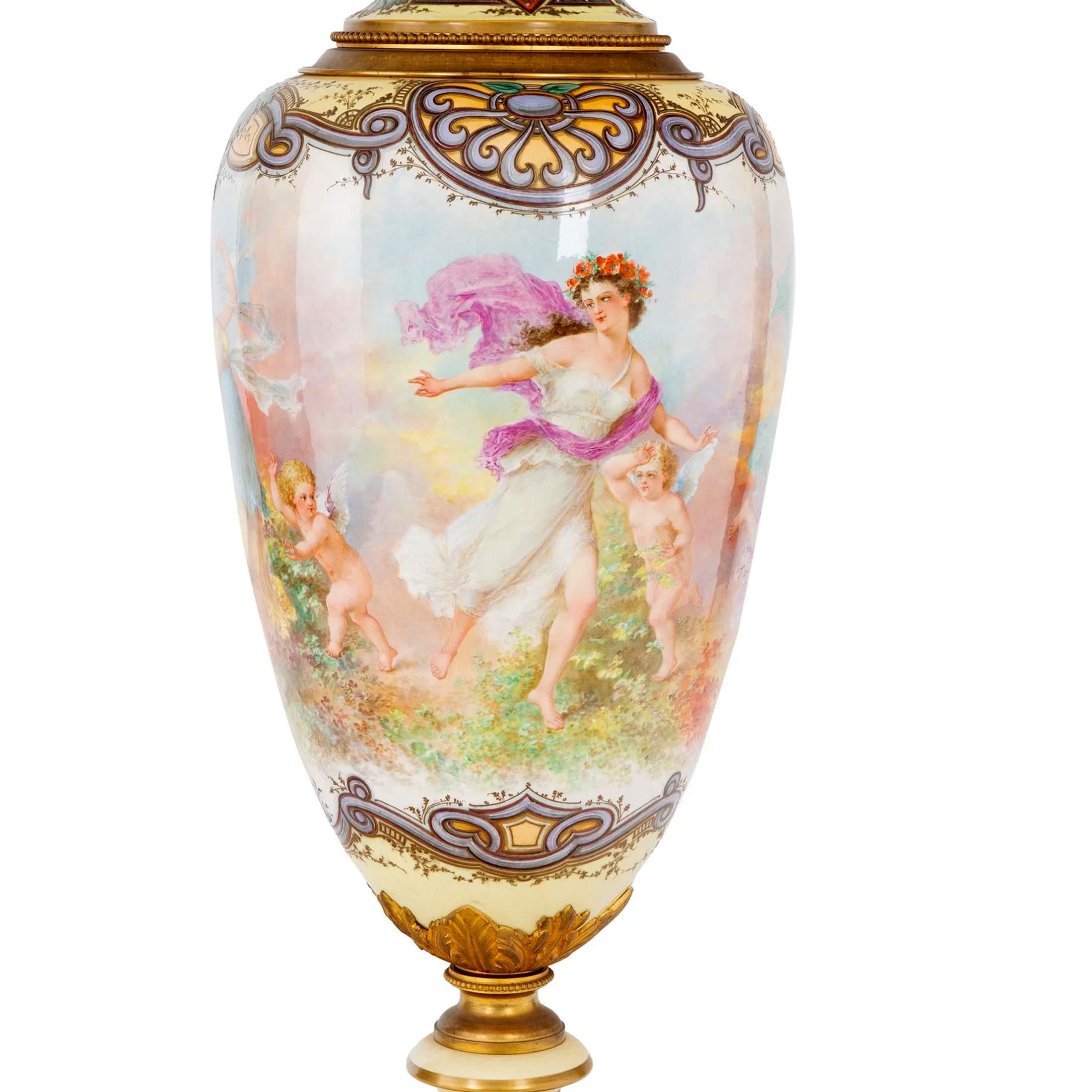 Painted Fine Quality Monumental Gilt Bronze-Mounted Sèvres-Style Vase and Cover