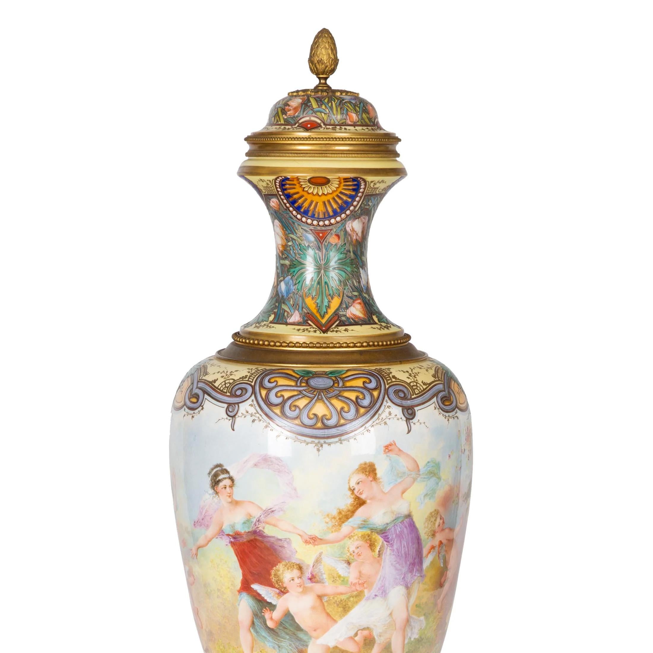 Fine Quality Monumental Gilt Bronze-Mounted Sèvres-Style Vase and Cover In Good Condition In New York, NY