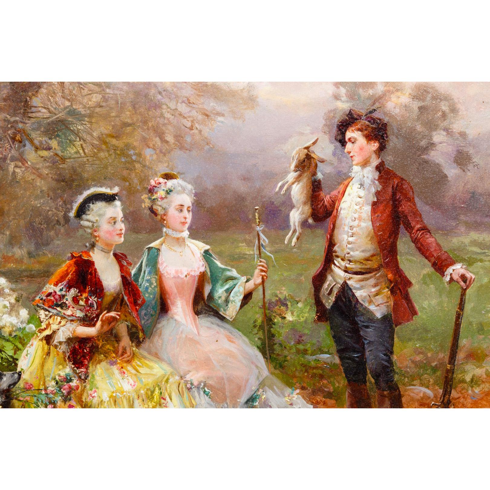Image finement détaillée de deux dames dans un jardin, un chasseur avec du gibier, deux serviteurs et des chaises à porteurs en arrière-plan. Signé 