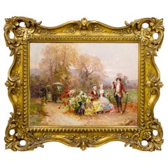 Antique Fine Quality Painting of a Hunter and Two Ladies