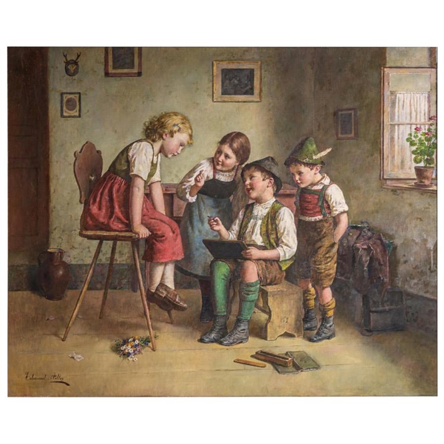 Peinture de grande qualité d'enfants réunis dans un salon par Edmund Adler