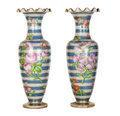 Fine Quality Pair of French Cerulean Striped Opaline Painted Vases by Baccarat