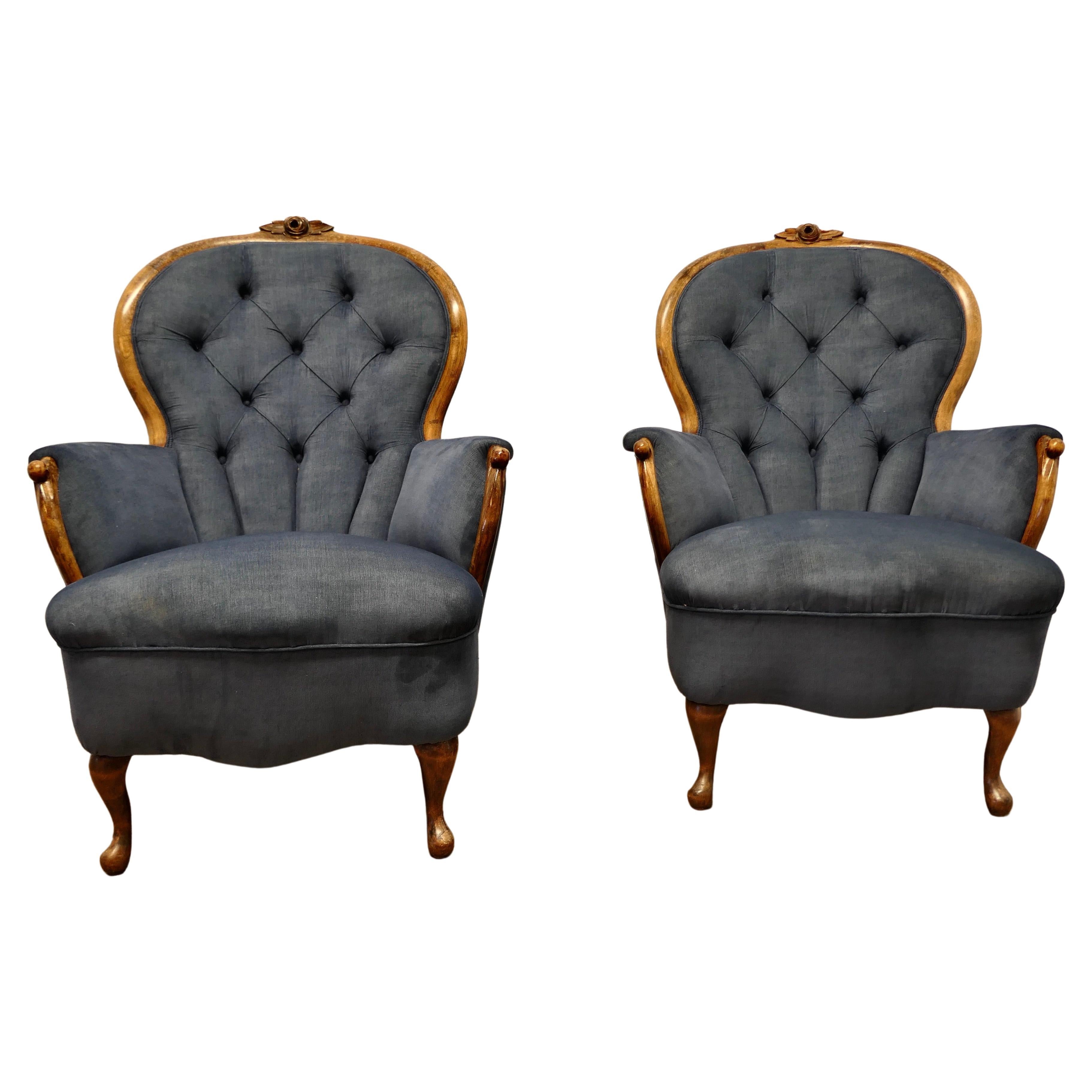 A Fine Quality Pair of French Walnut Button Back Salon Chairs