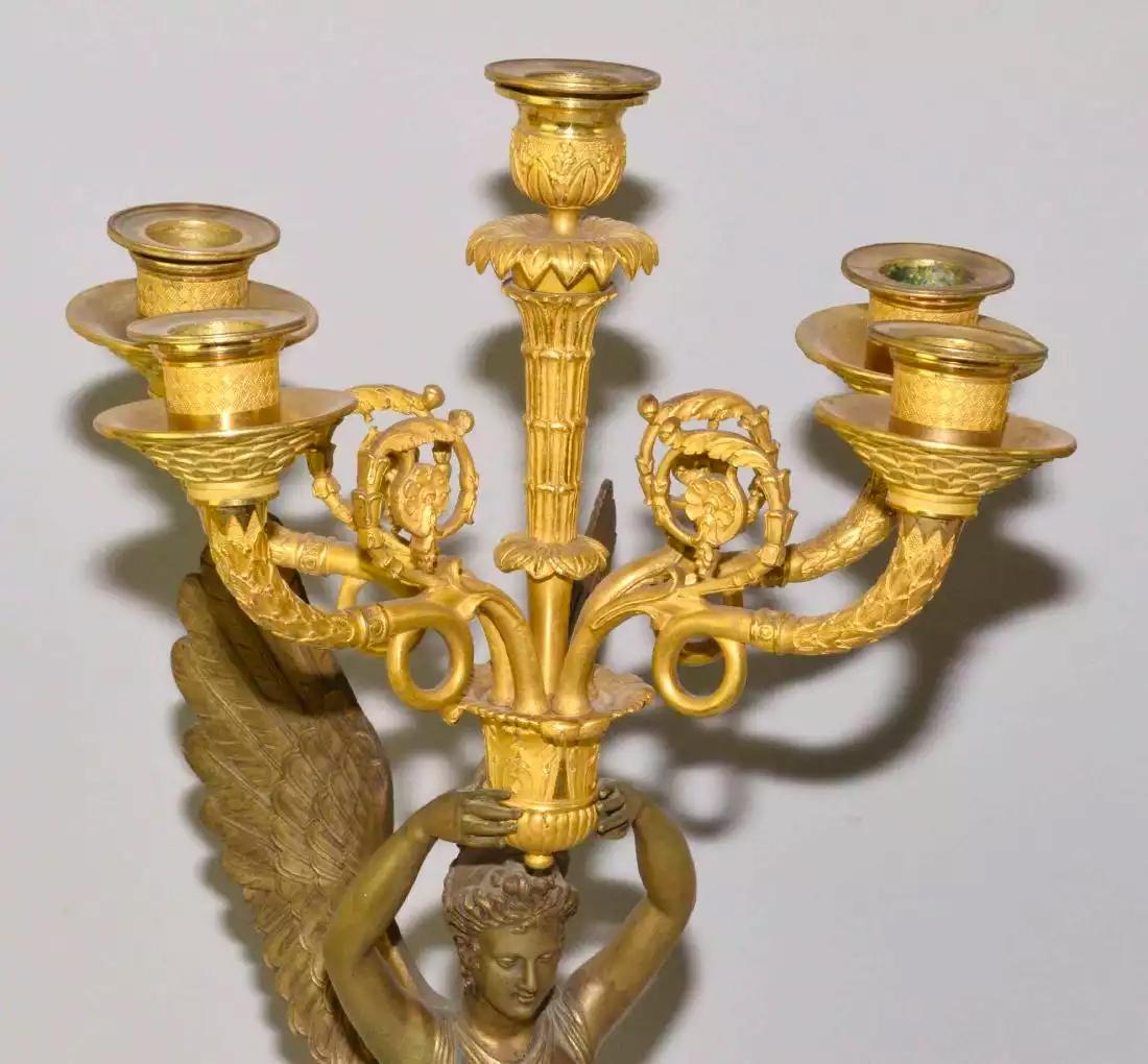 French Fine Quality Pair of Gilt Bronze Empire Five-Light Figural Candelabras For Sale