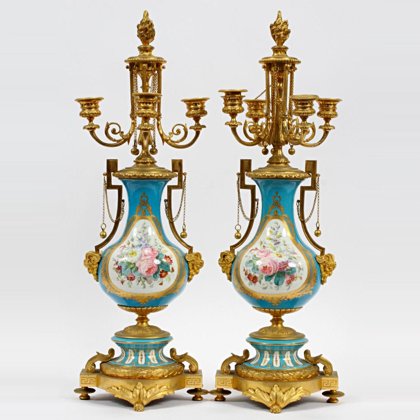 French Fine Quality Pair of Gilt Bronze Mounted Jeweled Porcelain Four-Light Candelab For Sale