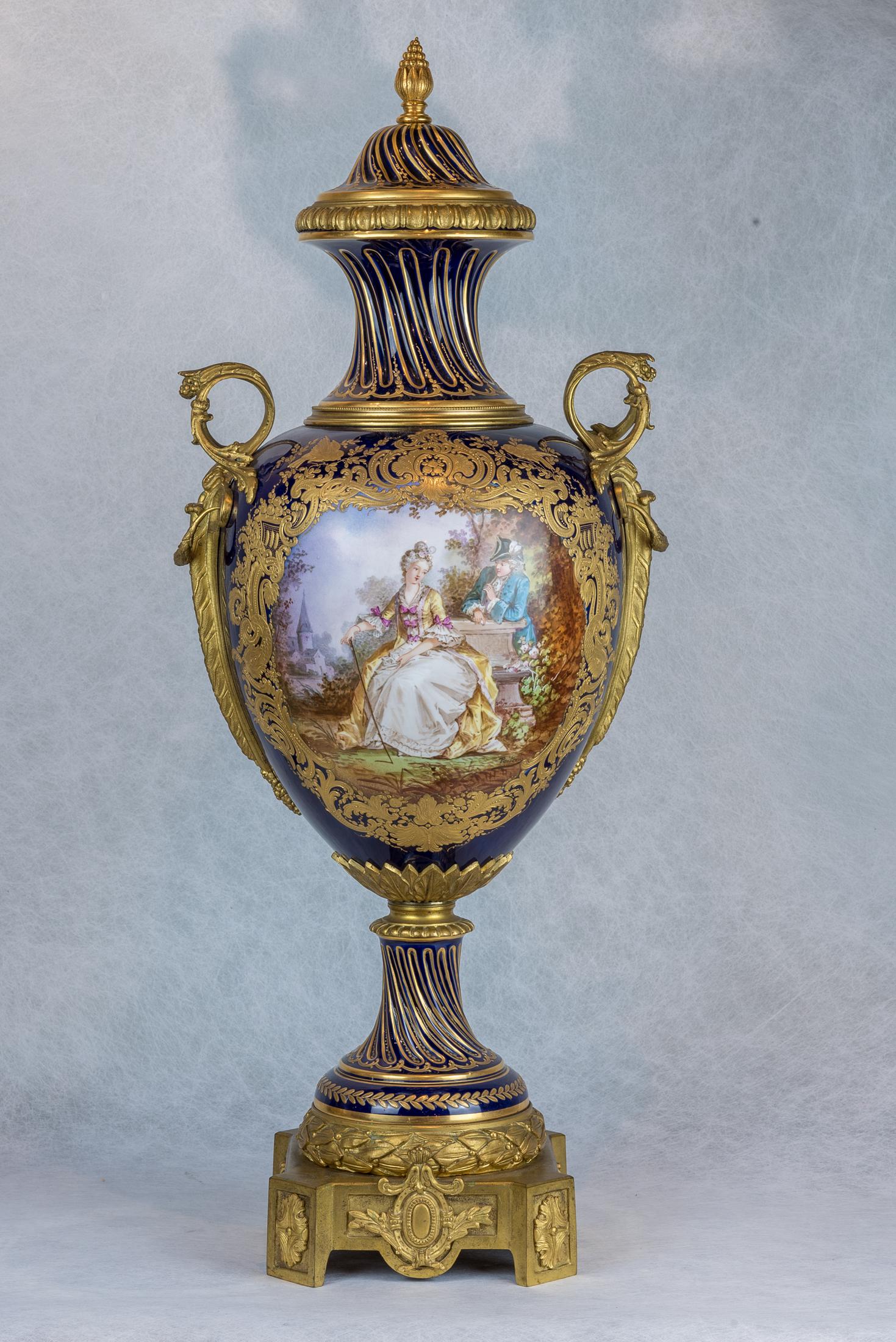 Fine Quality Pair of Large Gilt Bronze Mounted Sèvres Style Porcelain Vases In Good Condition For Sale In New York, NY