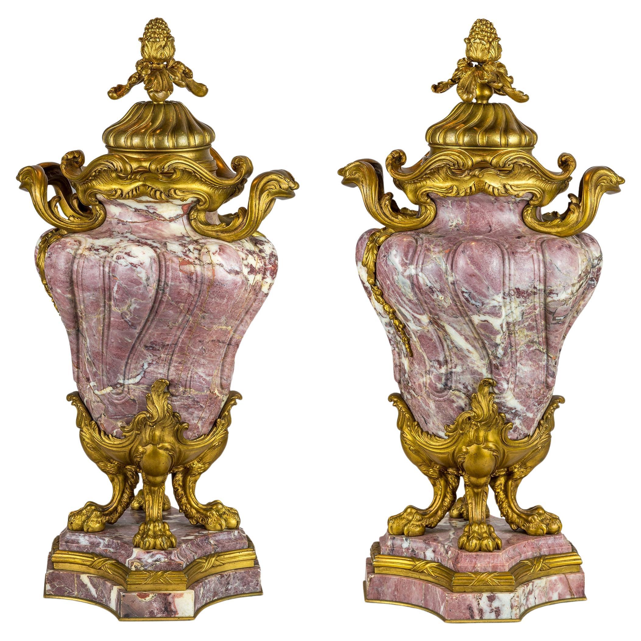 A Fine Quality Pair of Louis XV-style Ormolu-Mounted and Fleur de Pêcher Marble  For Sale