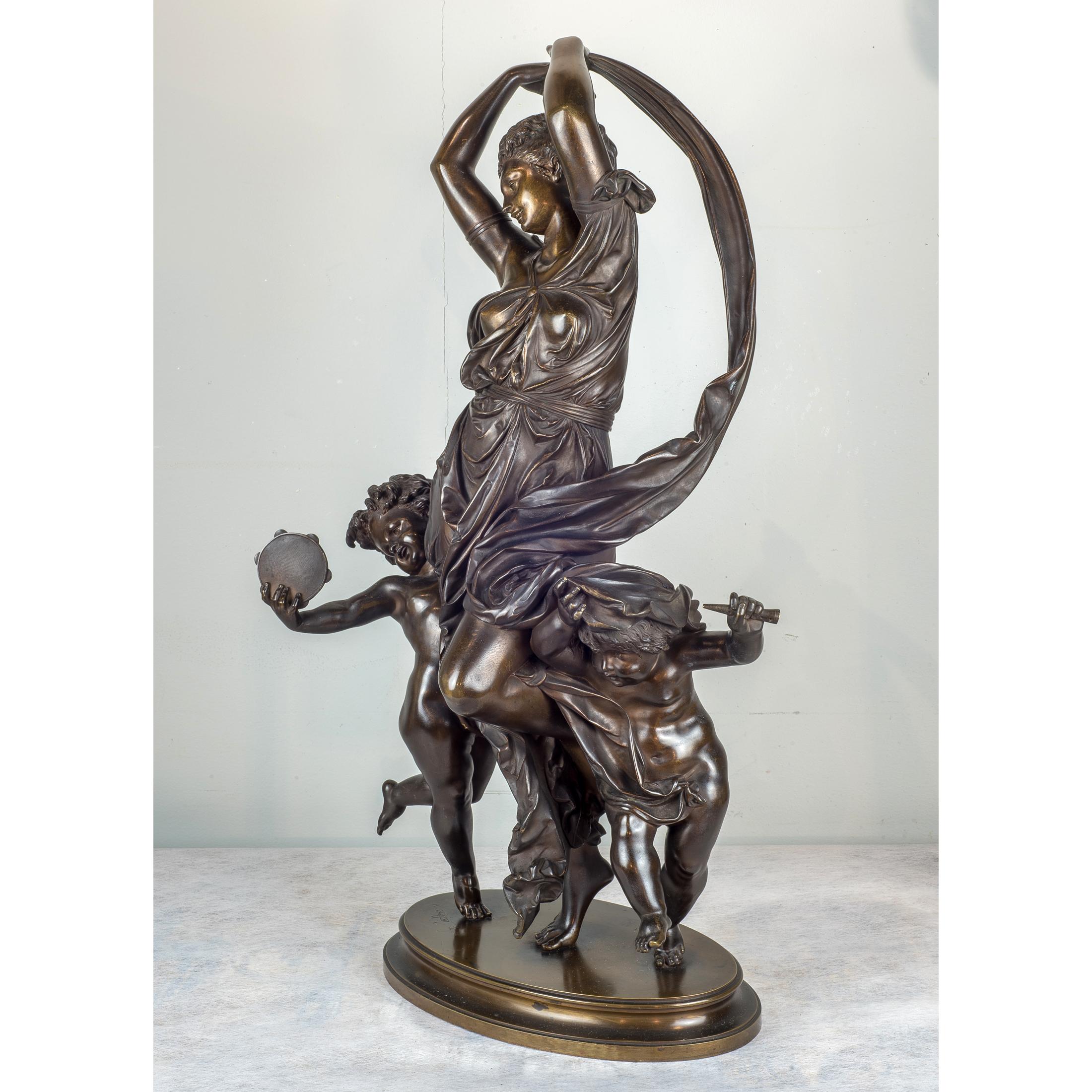 French Fine Quality Patinated Bronze Group of Maenad and Cherubs Dancing For Sale