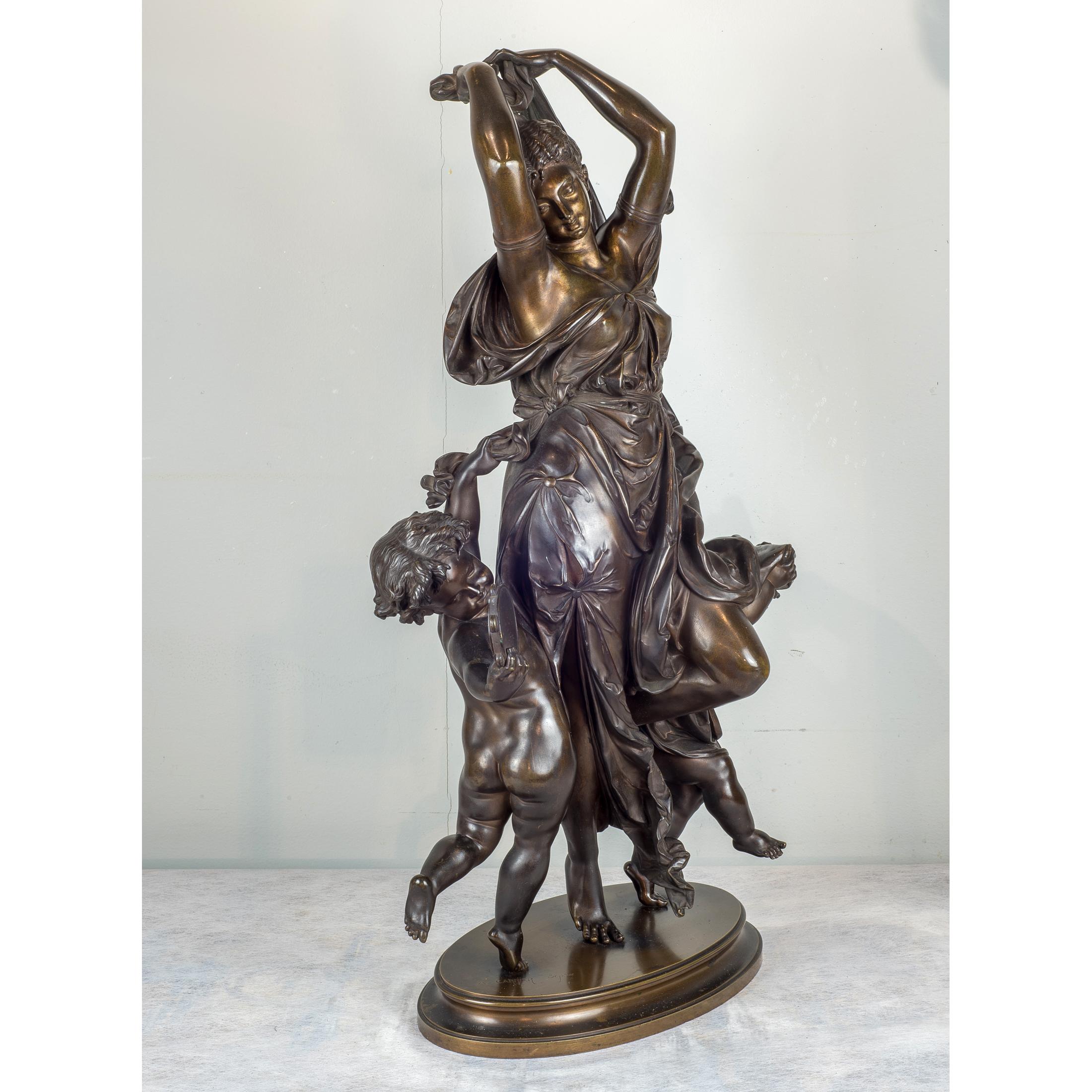 19th Century Fine Quality Patinated Bronze Group of Maenad and Cherubs Dancing For Sale