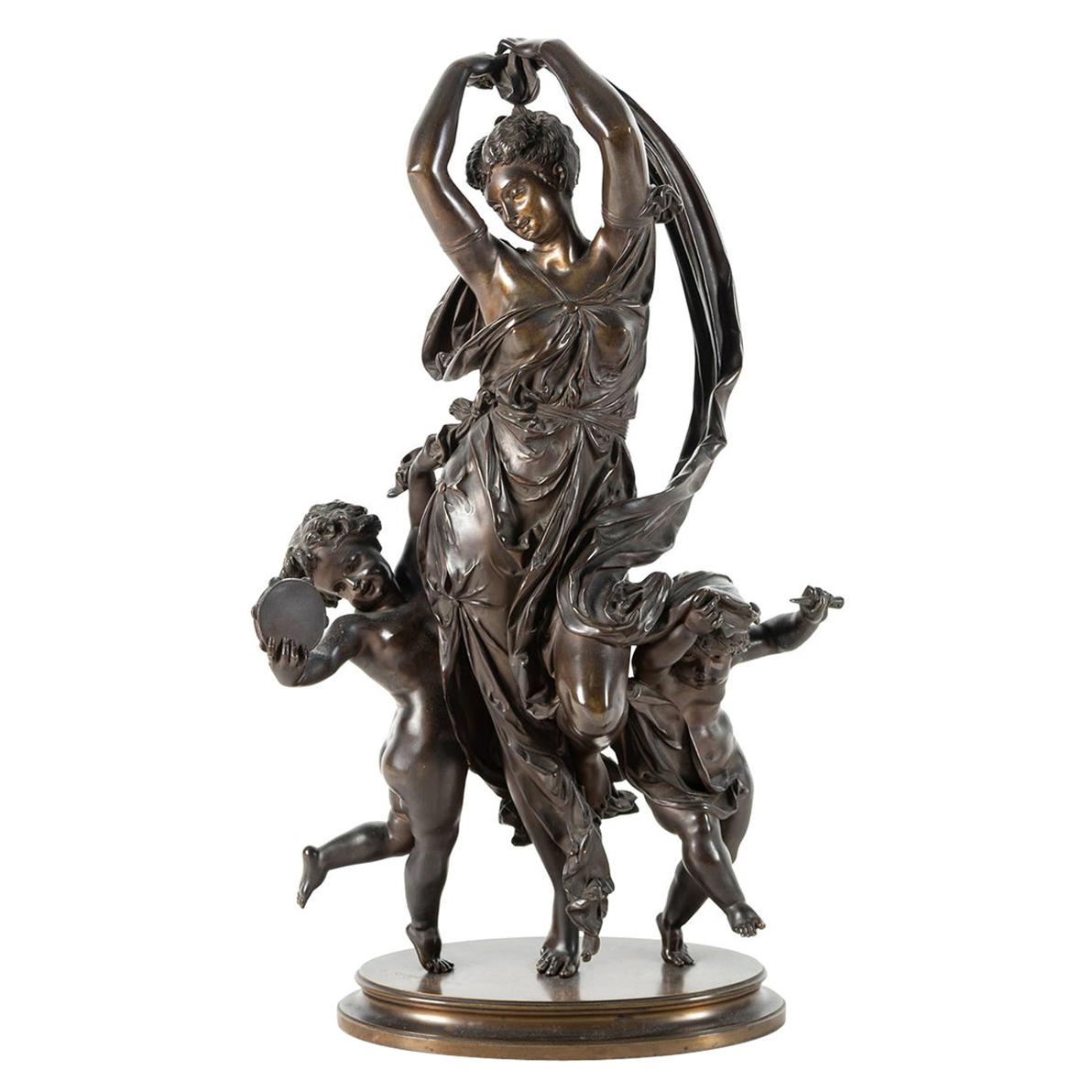 Fine Quality Patinated Bronze Group of Maenad and Cherubs Dancing For Sale