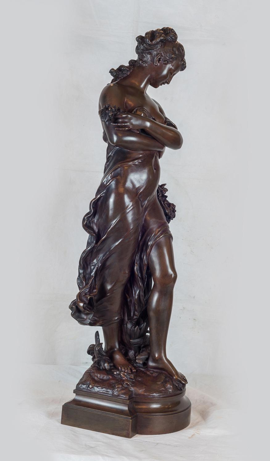 The patinated bronze of a beautiful woman featuring a bird and representing spring. Signed on base 'Hte. Moreau Sculp Exption Salon Des Beaux Arts, 1883'.

Artist: Hippolyte François Moreau (1832-1927)
Origin: French
Date: Late 19th
