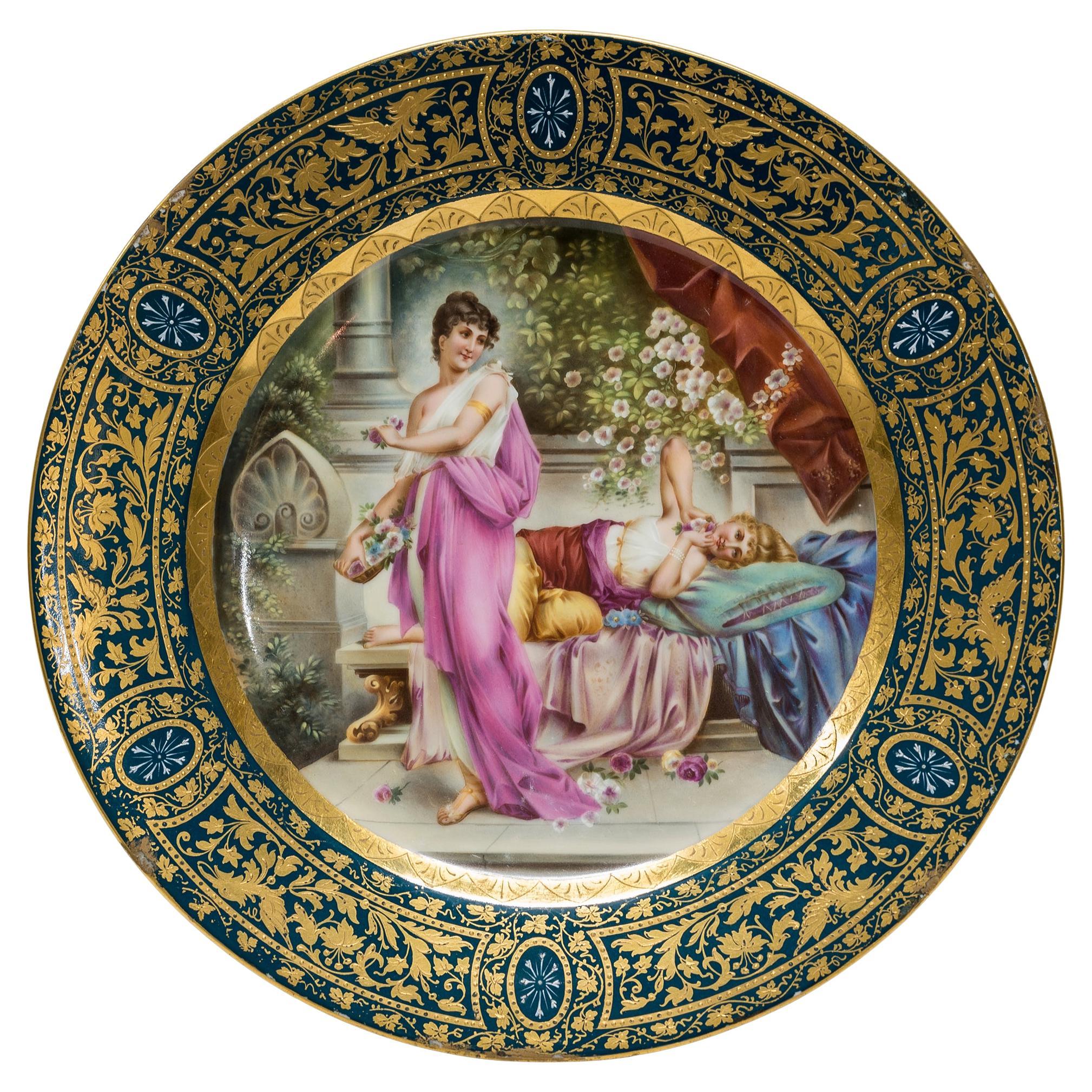 A Fine Quality Royal Vienna Porcelain Gilded Cabinet Plate Depicting Two Beautie For Sale