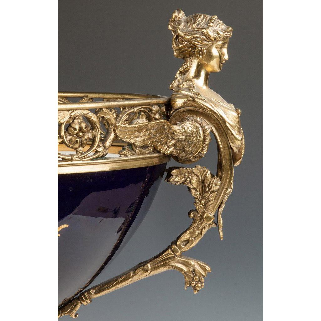 French Fine Quality Sèvres Gilt Bronze Mounted and Cobalt Hand Painted Porcelain Garn For Sale