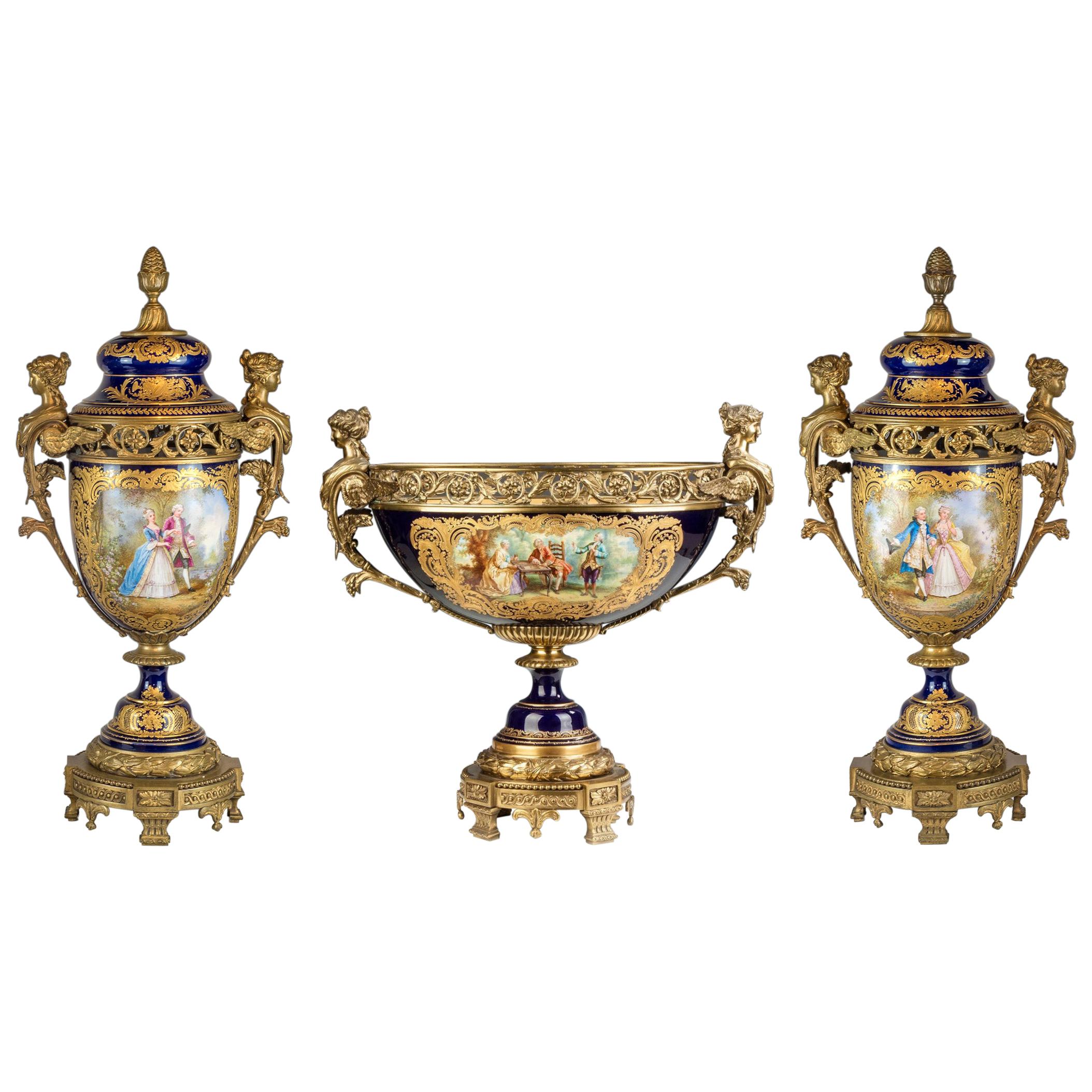 Fine Quality Sèvres Gilt Bronze Mounted and Cobalt Hand Painted Porcelain Garn For Sale