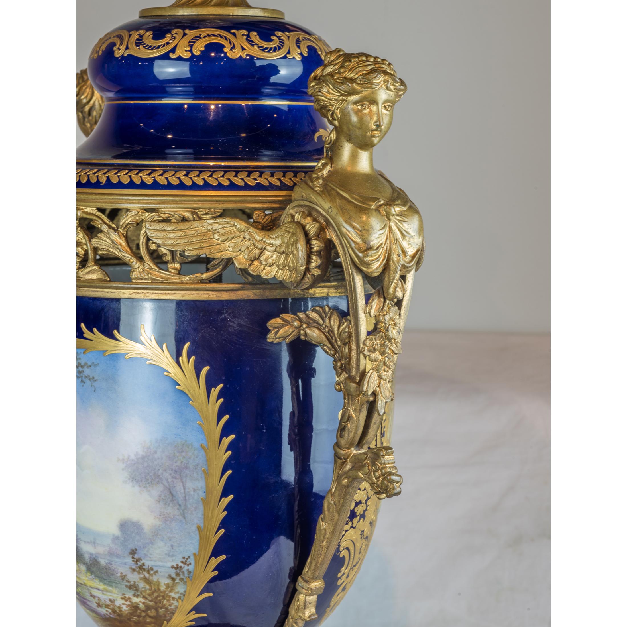 Gilt Fine Quality Sèvres Style Bronze Mounted and Cobalt Porcelain Vases and Cover For Sale