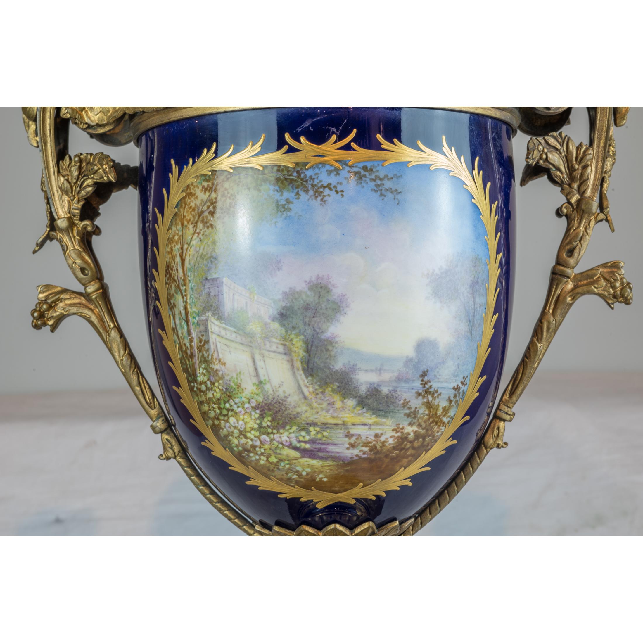 19th Century Fine Quality Sèvres Style Bronze Mounted and Cobalt Porcelain Vases and Cover For Sale