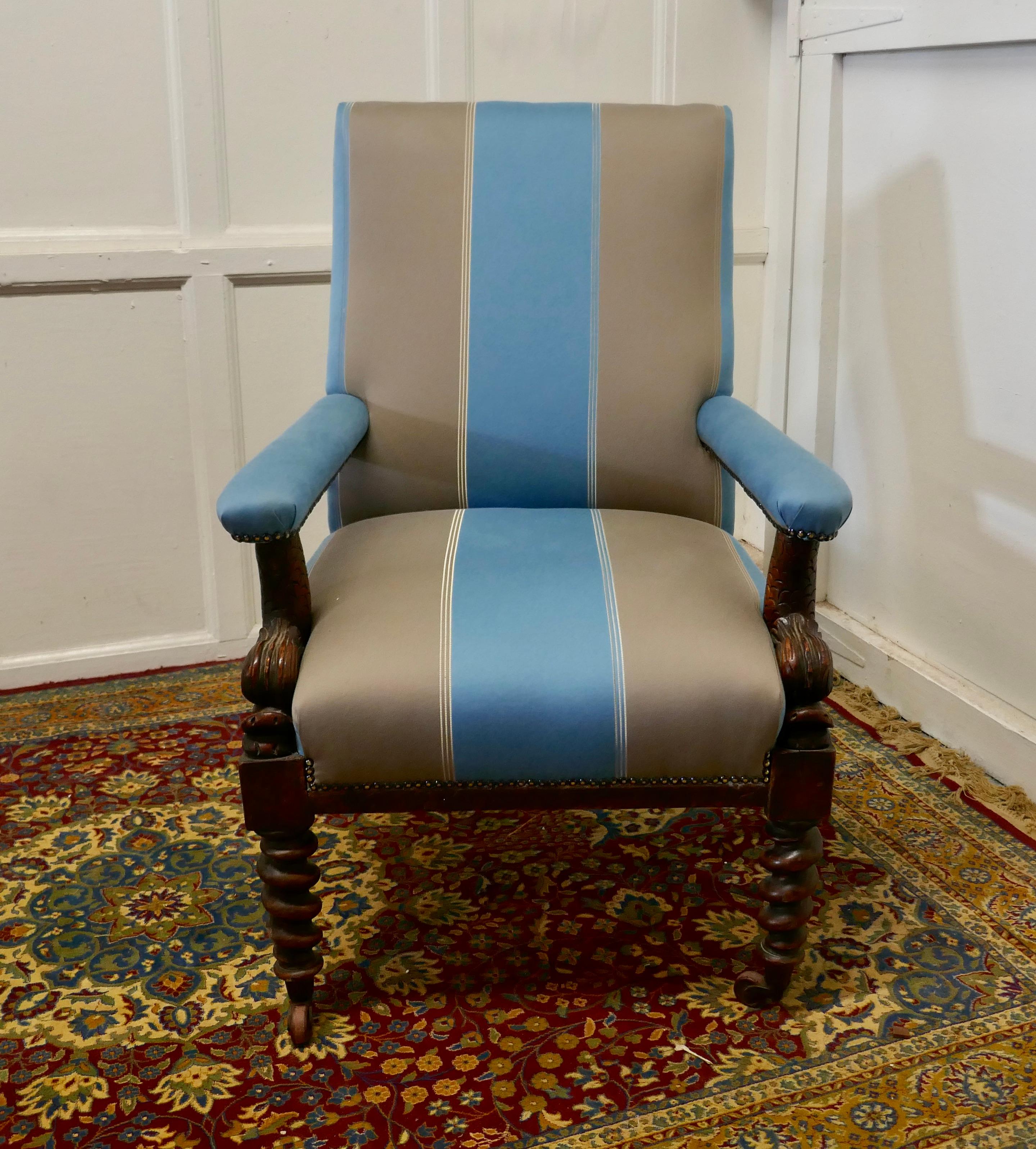 A fine quality William IV mahogany arm chair

 This is a superbly comfortable arm chair, it has a straight deep back, the chair is upholstered in a wide regency stripe silk fabric,
The chair has a mahogany frame, the front legs are a tapering