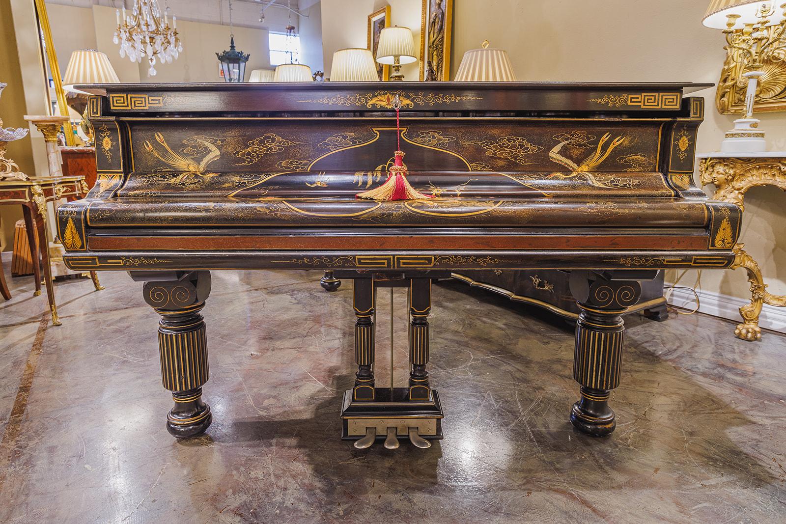A spectacular 19th century Black Chinoiserie lacquered Presentation Steinway & Sons Grand Piano . Model #37278 ,having fall key cover reading Steinway &  Sons patent Grand New York & Hamberg ; Harrods Ltd L.W,I ; sound board reading 