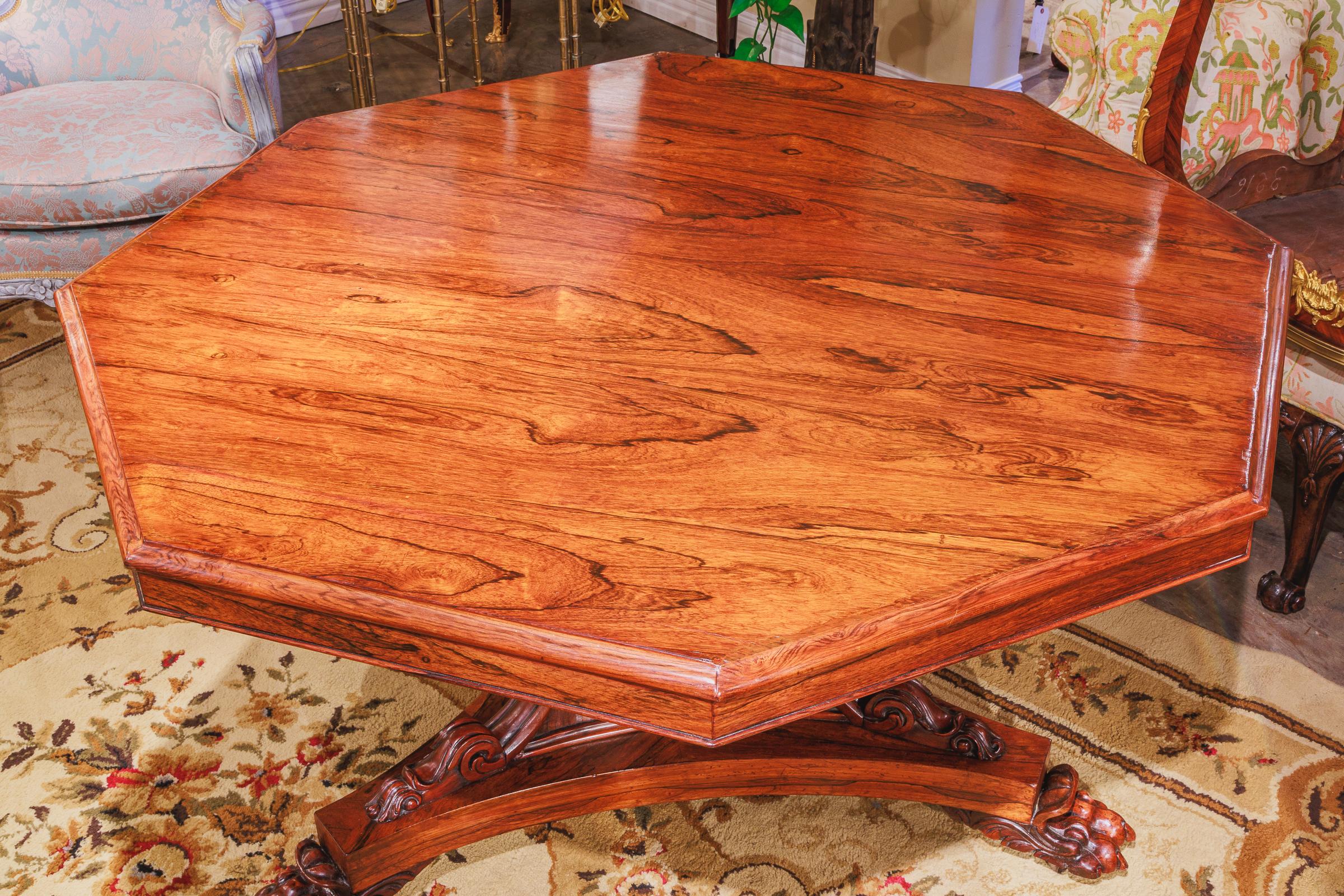 Fine Regency Period Octagonal Rosewood Center Table with a Pawed Foot Pedestal In Good Condition For Sale In Dallas, TX