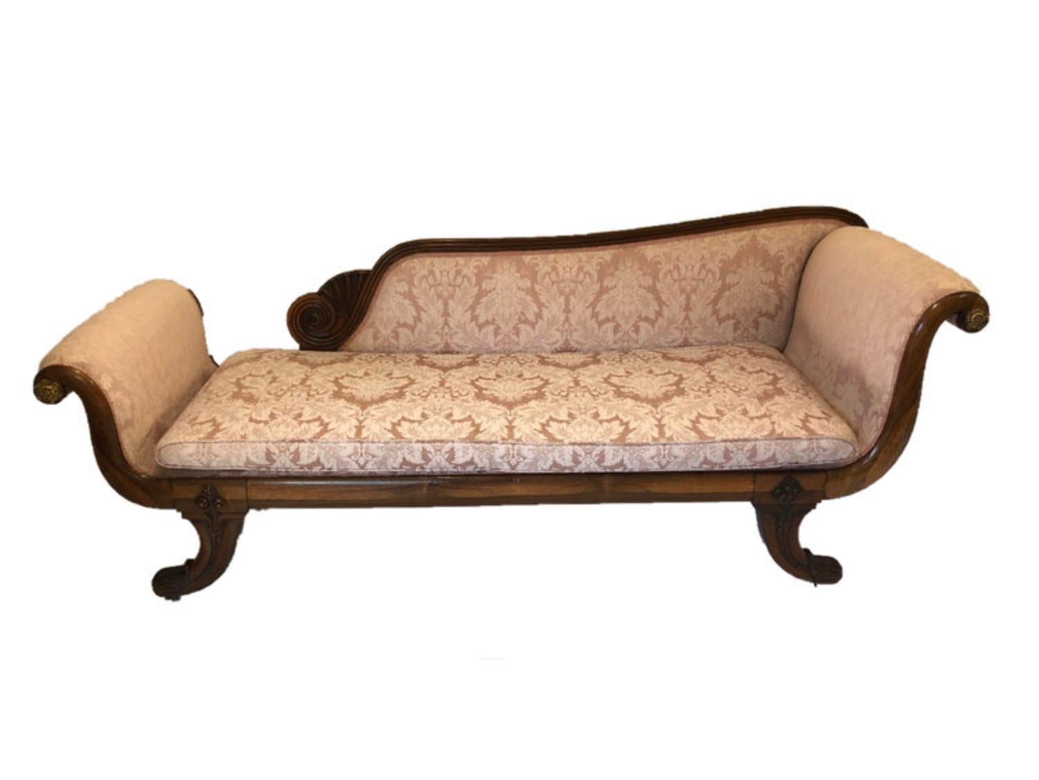A fine Regency rosewood chaise or daybed with ormolu mounts and a classical scroll shape it does also have the roll end cushion which is missing in the photograph,

circa 1820-1840.


Measures: Chais 2100mm long

760mm high

700mm wide.