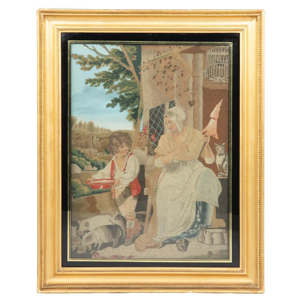 Precioso cuadro de seda de la Regencia de La cabaña industrial por Ann Wilson c.1810 en venta