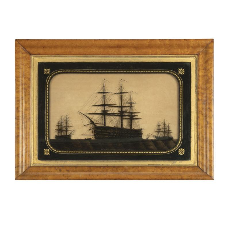 Mid-19th Century A fine reverse glass silhouette of H.M.S.s Marlborough, Foudroyant and Lee For Sale