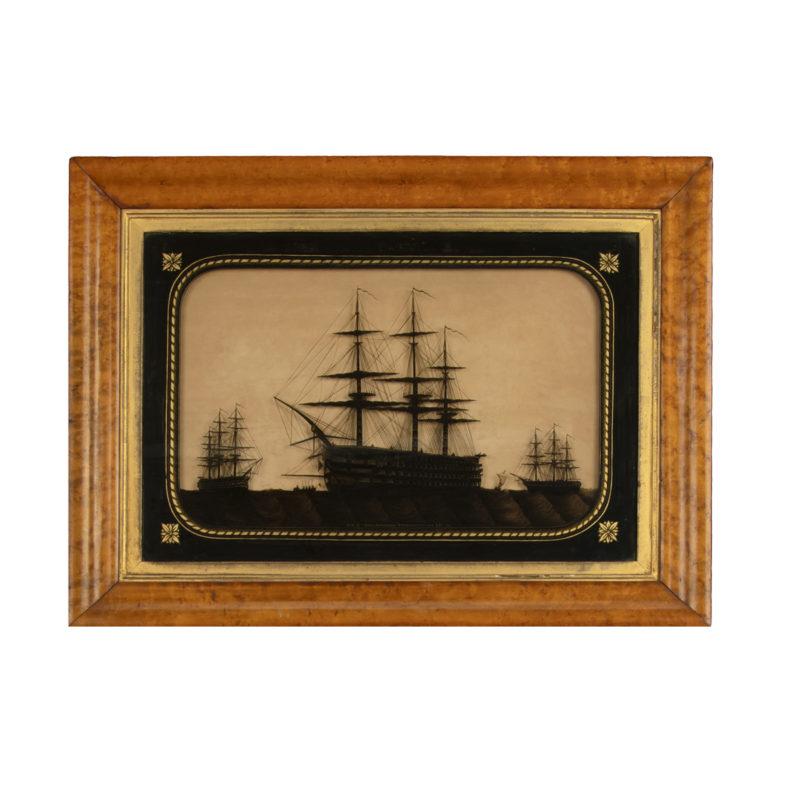 Glass A fine reverse glass silhouette of H.M.S.s Marlborough, Foudroyant and Lee For Sale
