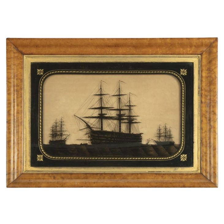 A fine reverse glass silhouette of H.M.S.s Marlborough, Foudroyant and Lee For Sale