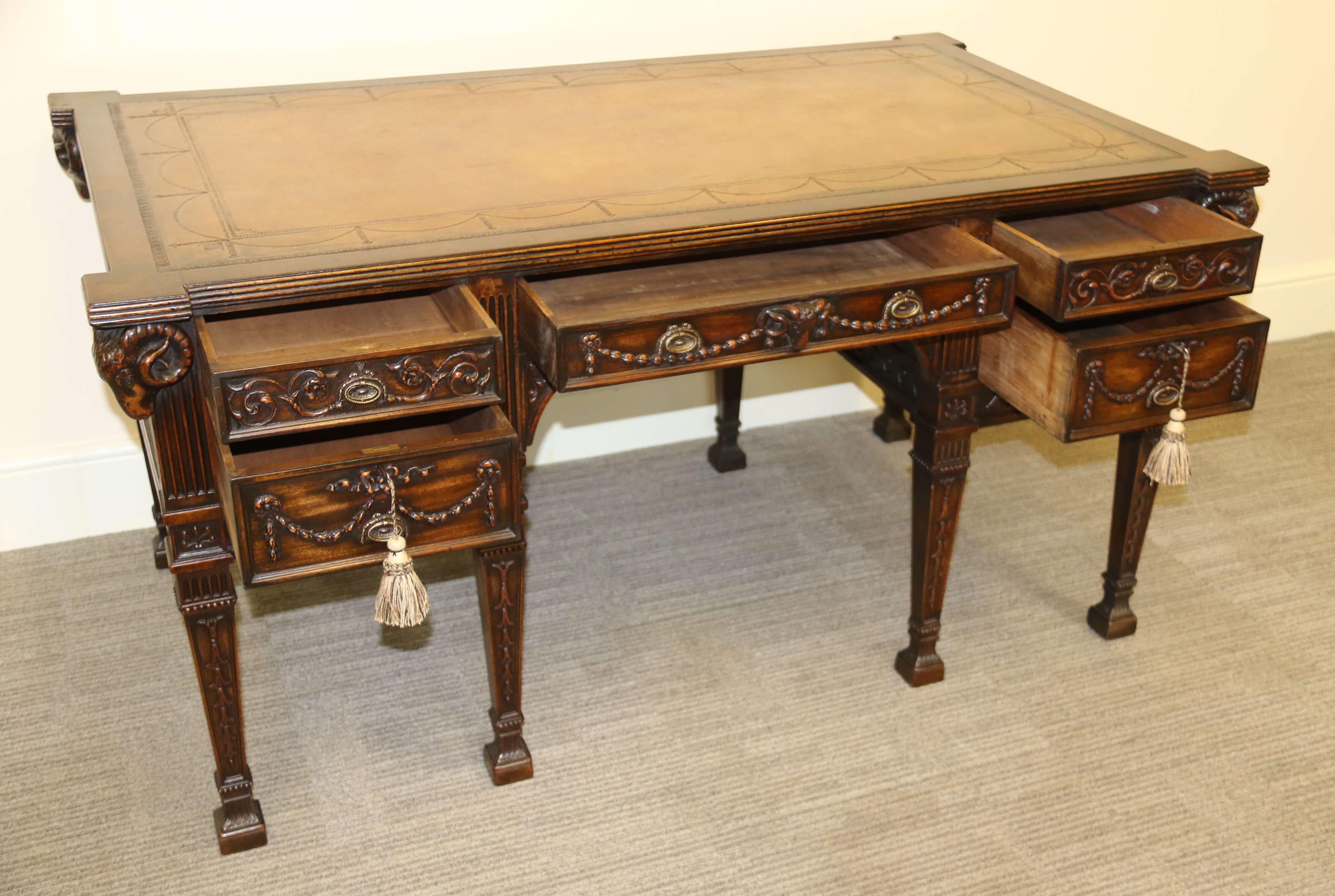 Antique English 19th C Freestanding Mahogany Writing Desk by M.Butler of Dublin For Sale 2