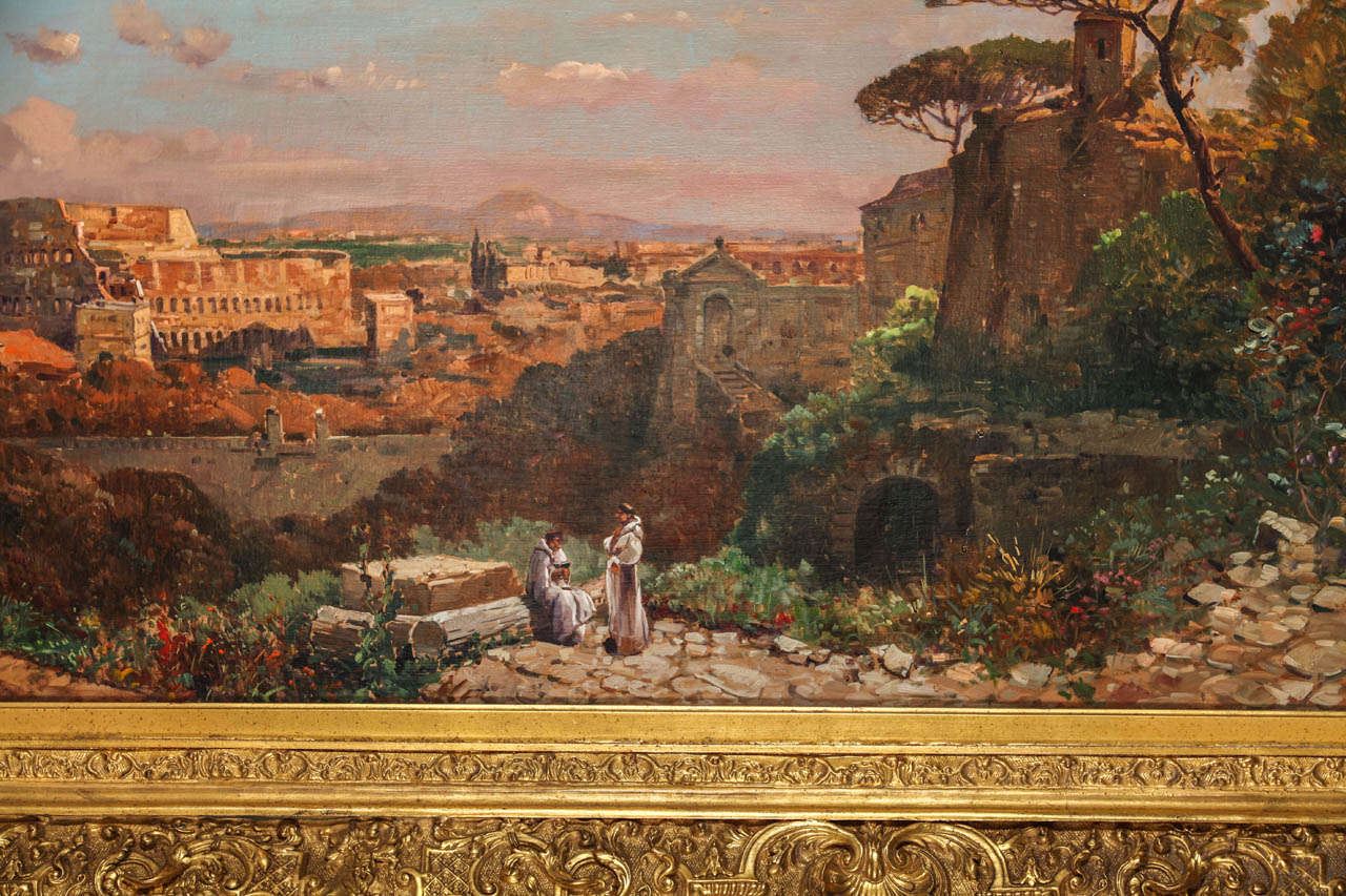 A fine Roman landscape oil on canvas depicting the Colosseum and the Via Sacra. The scene is full of characters and architectural elements and captures the magic light of Rome. Signed 