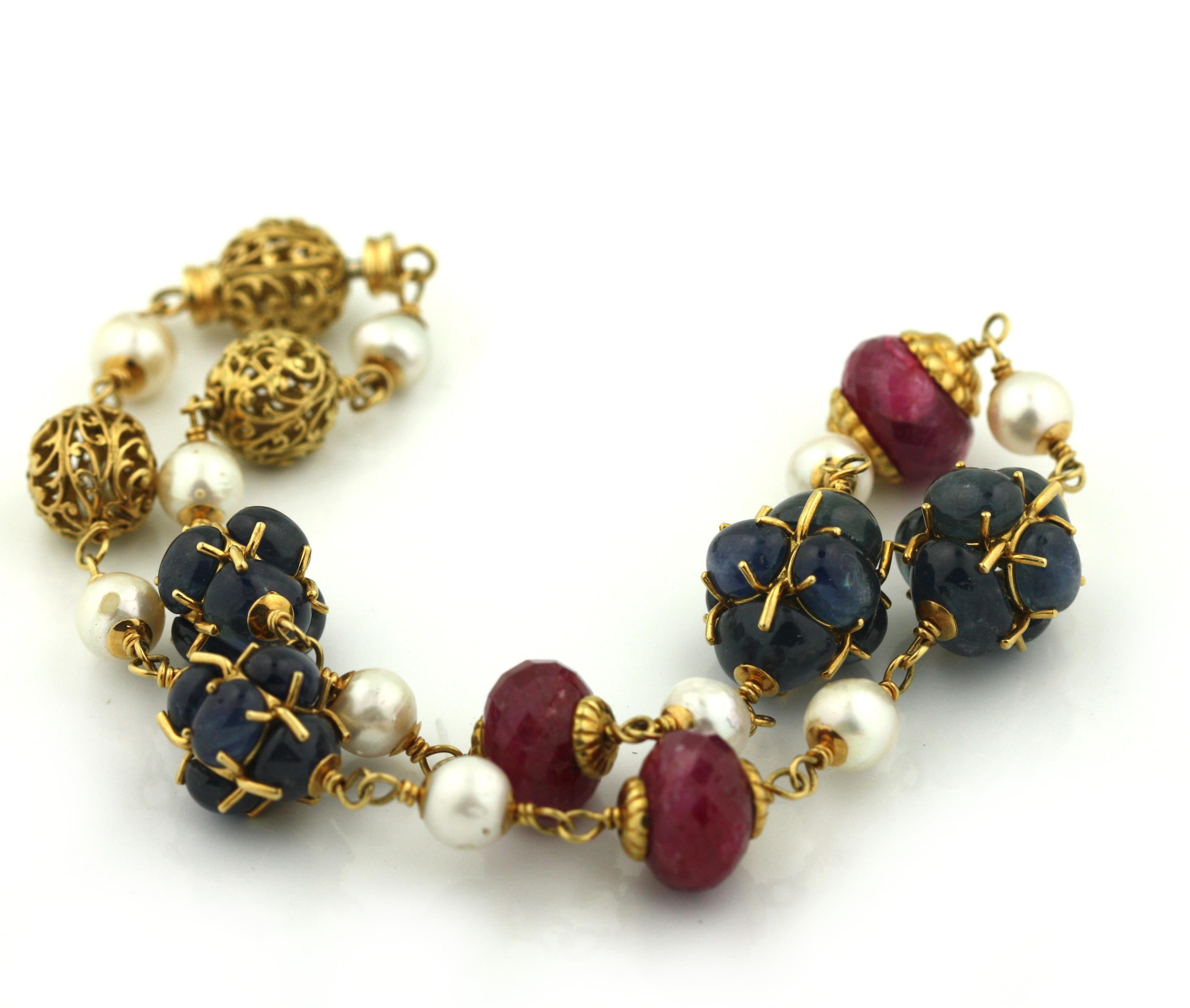 Bead A Fine Sapphire, Ruby and Pearl Necklace For Sale