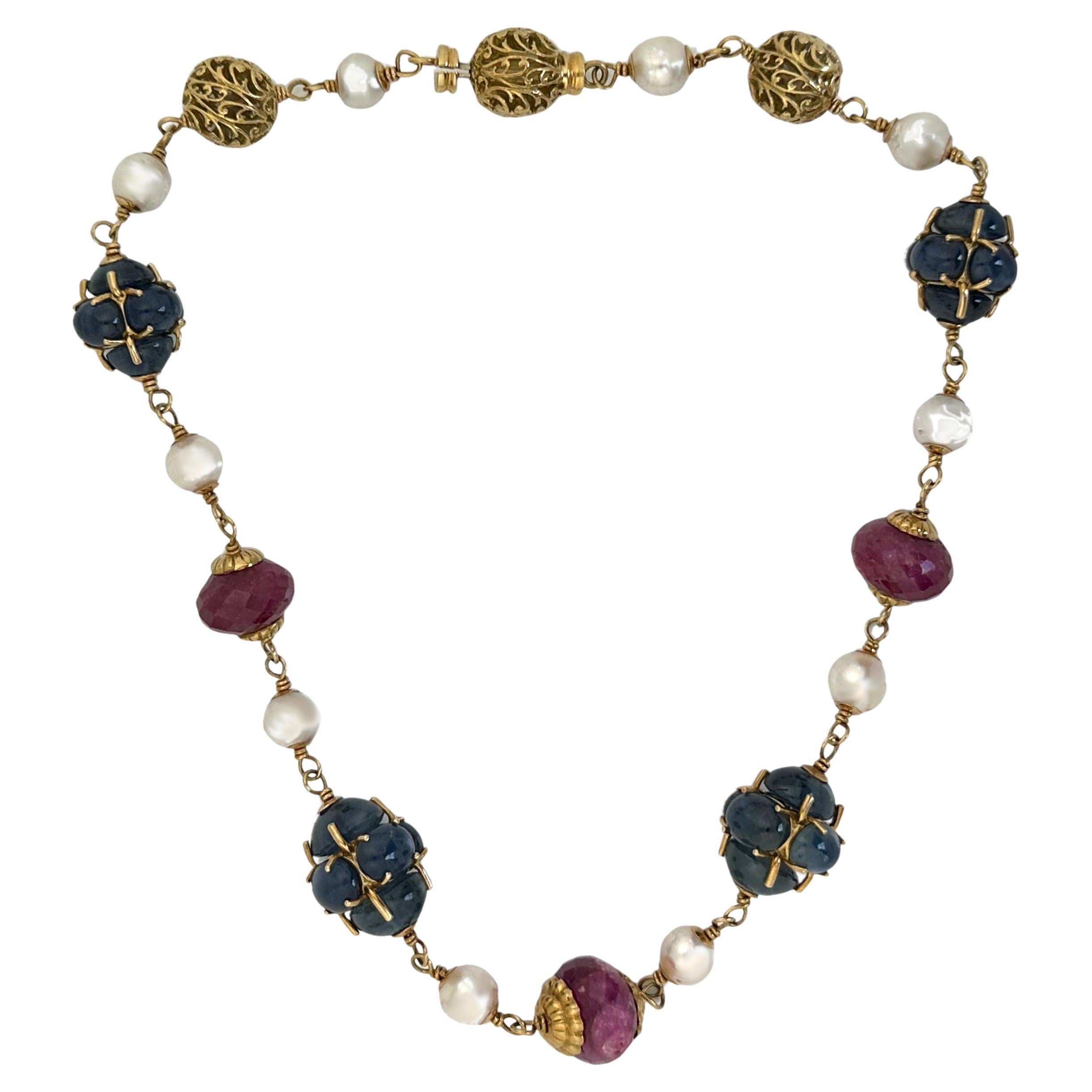 A Fine Sapphire, Ruby and Pearl Necklace For Sale