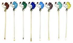 A Fine Set of Eight Art Deco Sterling Silver & Enamel Cocktail Picks, Circa 1920