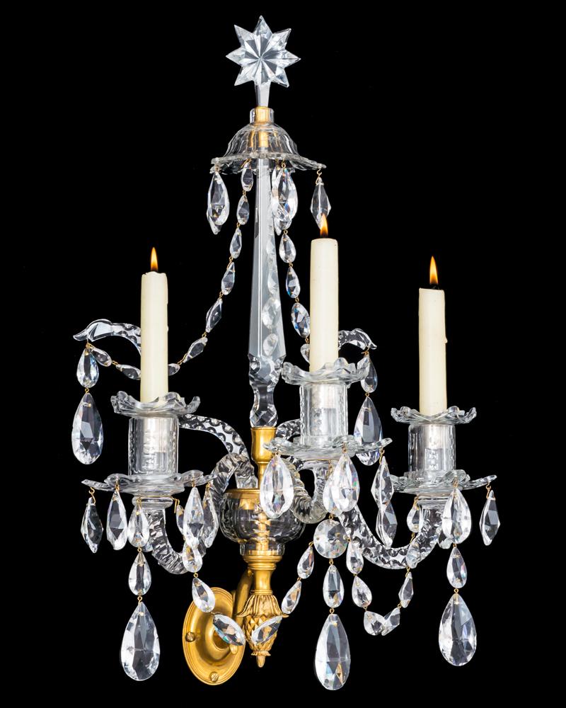 Georgian Fine Set of Four George III Ormolu Mounted and Cut Glass Wall Lights For Sale