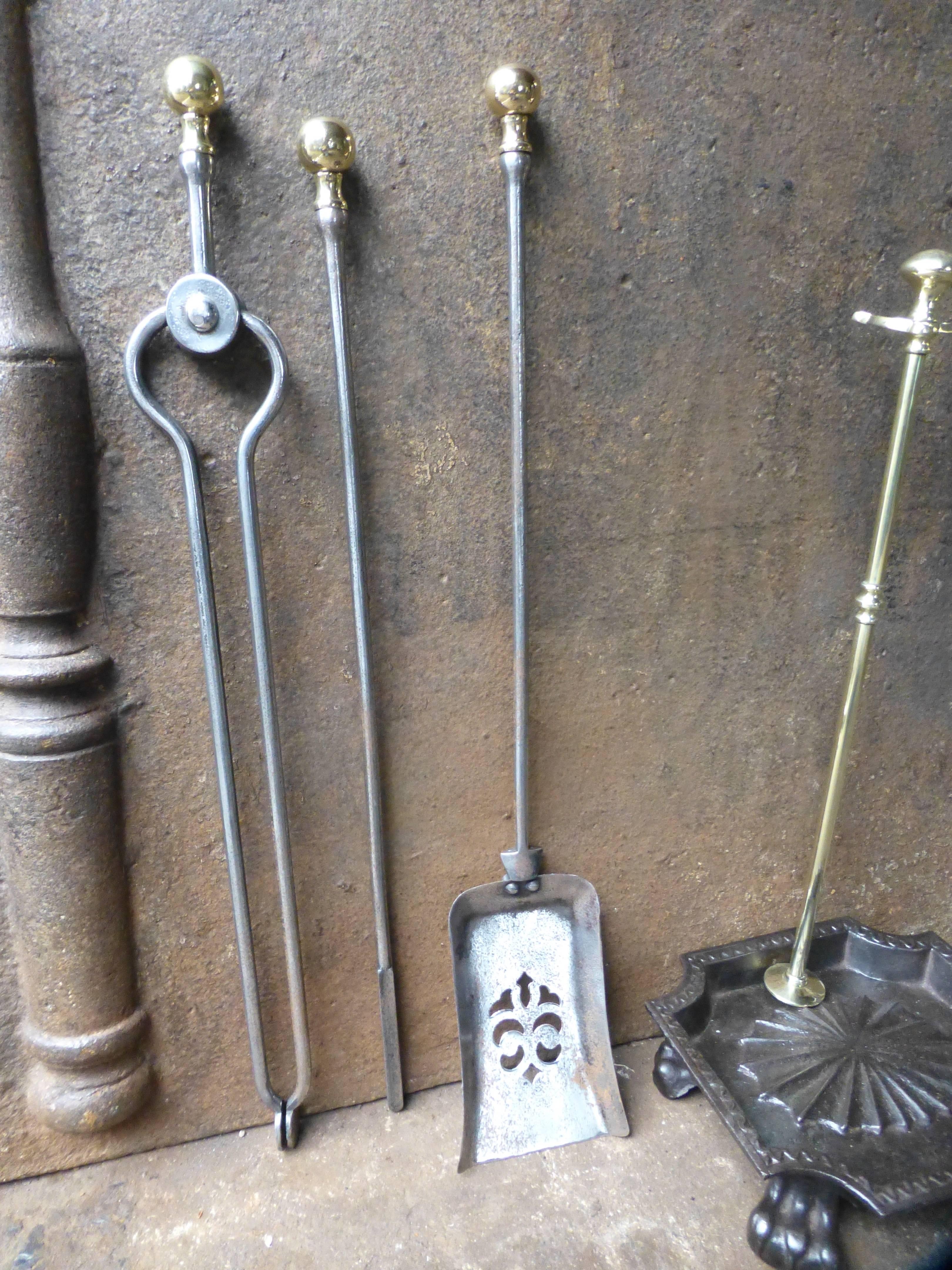 English Fine Set of Polished Steel Fireplace Tools, Victorian Companion Set For Sale