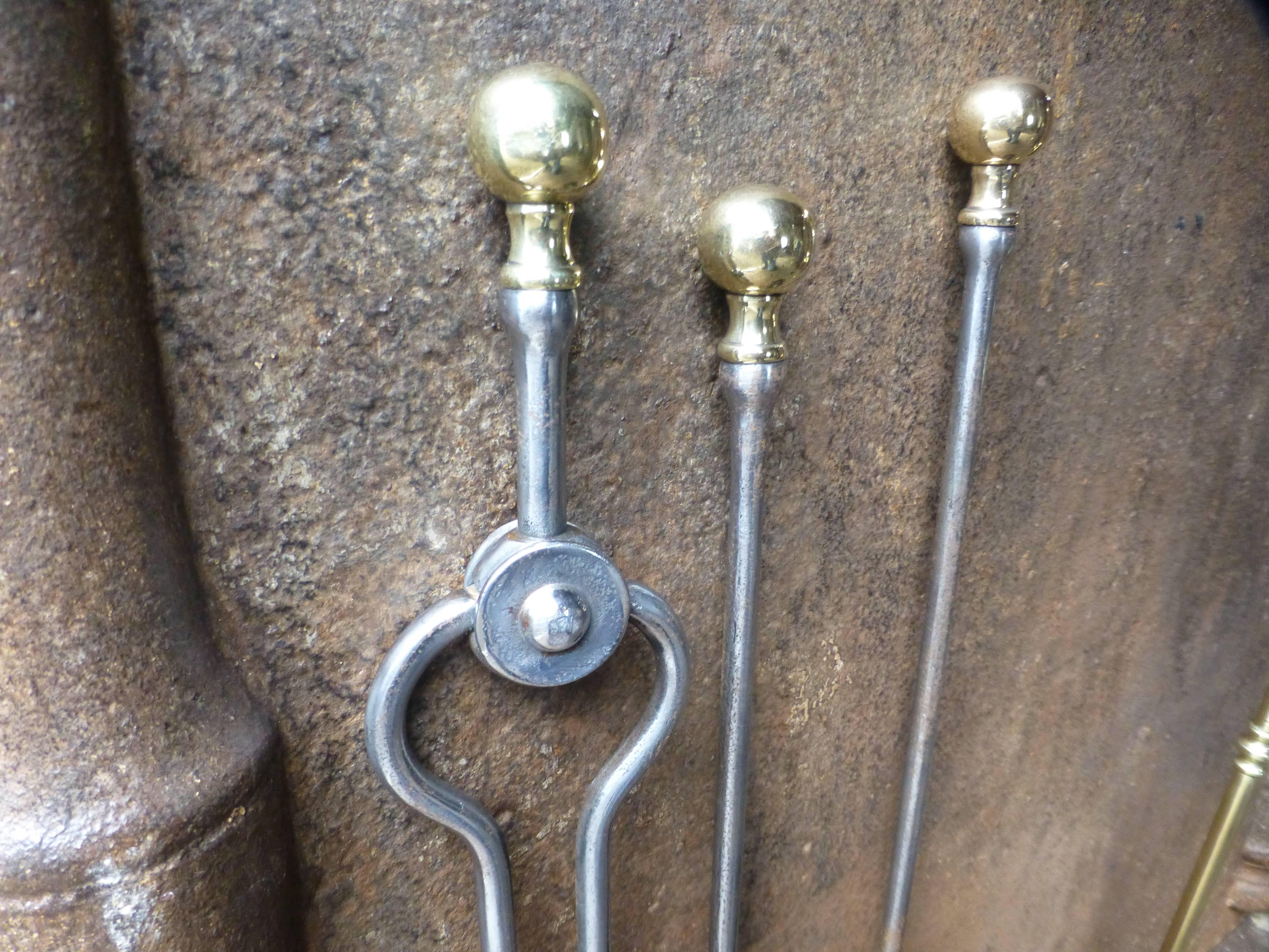 19th Century Fine Set of Polished Steel Fireplace Tools, Victorian Companion Set For Sale