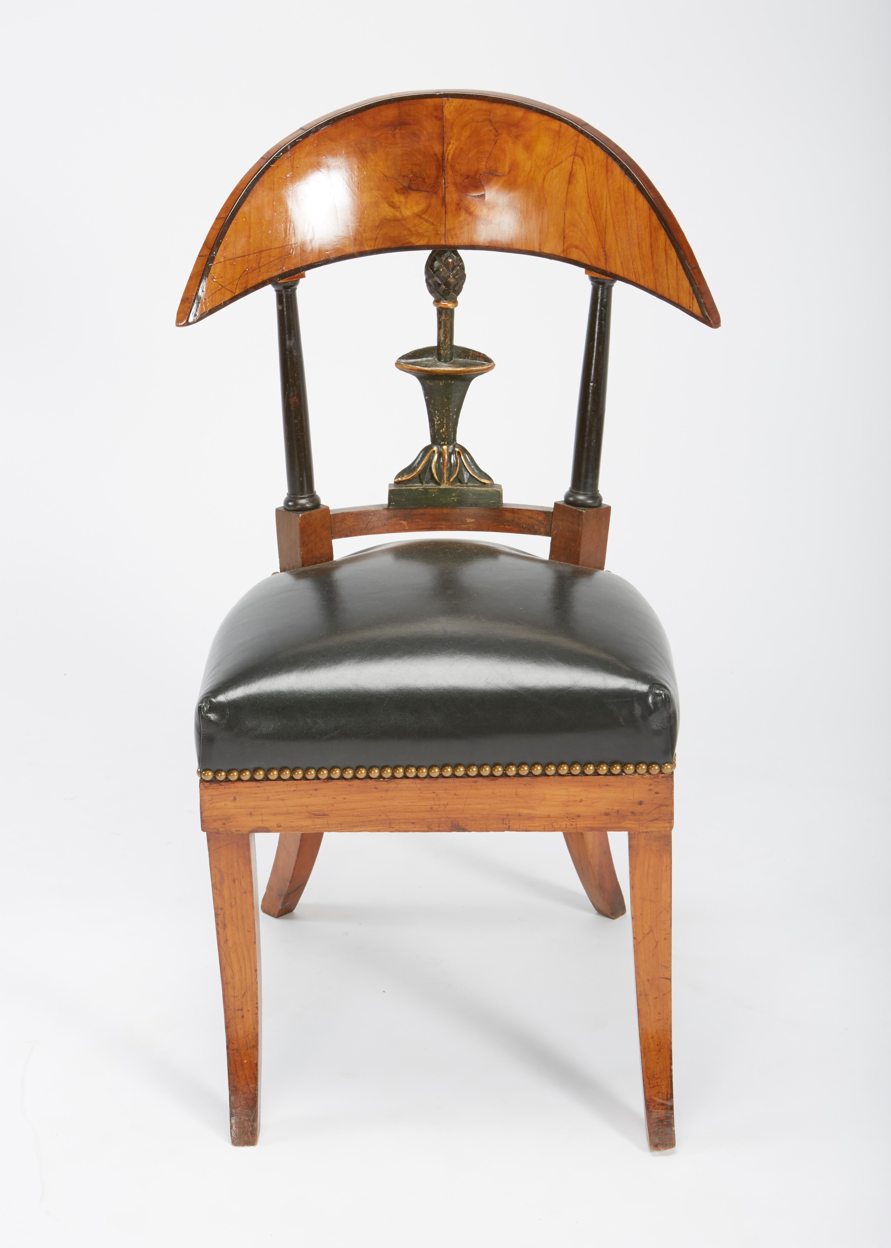 Austrian Fine Set of Six Austro-Hungarian Biedermeier Fruitwood Chairs with Leather Seats