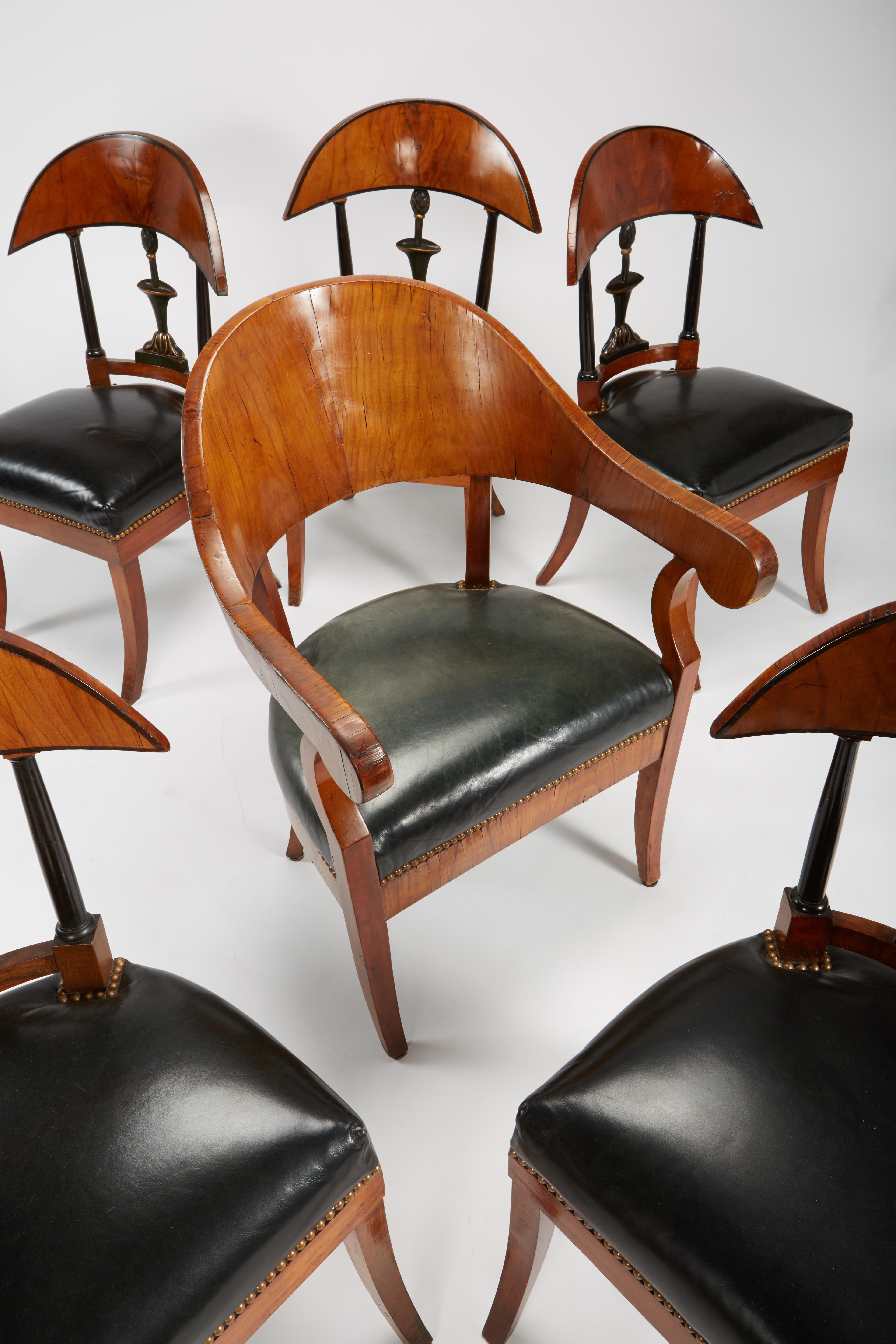 Fine Set of Six Austro-Hungarian Biedermeier Fruitwood Chairs with Leather Seats 4