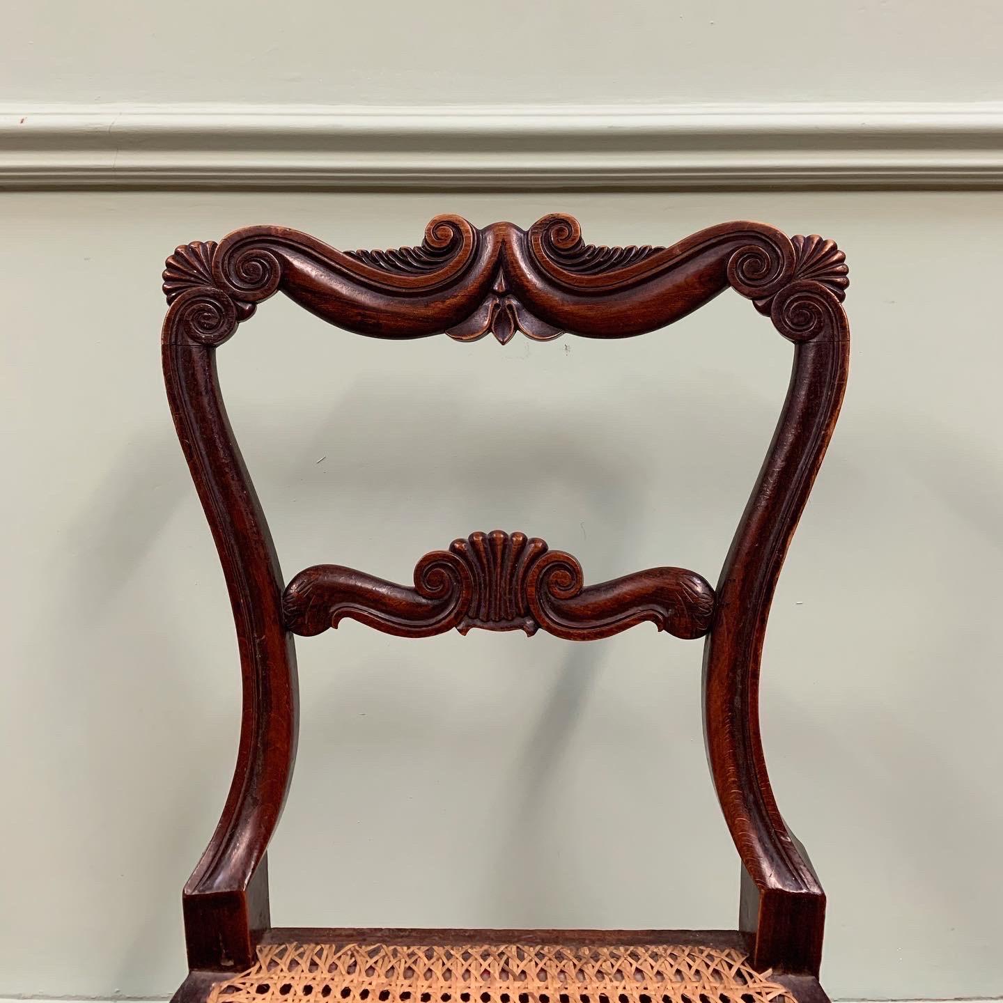 A rarely available long set of ten faux rosewood dining chairs. The chair back with its elegant top rail , having abutting scroll corners below carved scallop shells is a design seen in Gillows Lancaster Estimate Sketch Books for 1823.