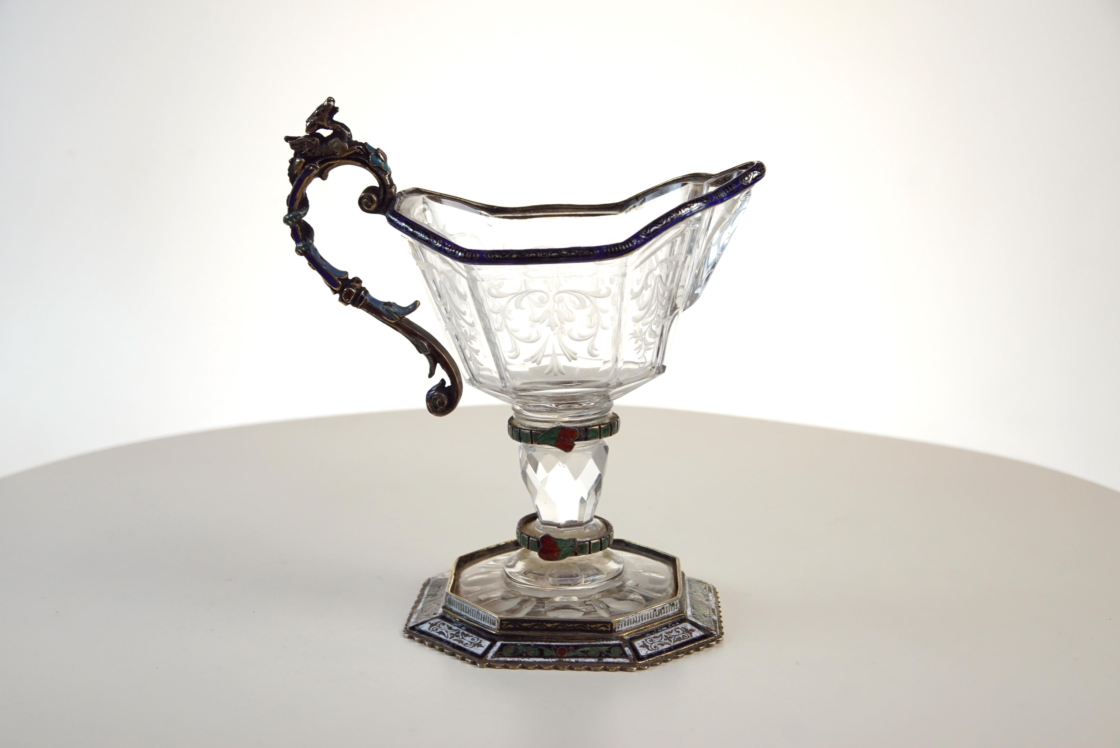Fine Silver, Enamel, and Engraved Rock Crystal Jug, circa 1880 In Good Condition In New York, NY