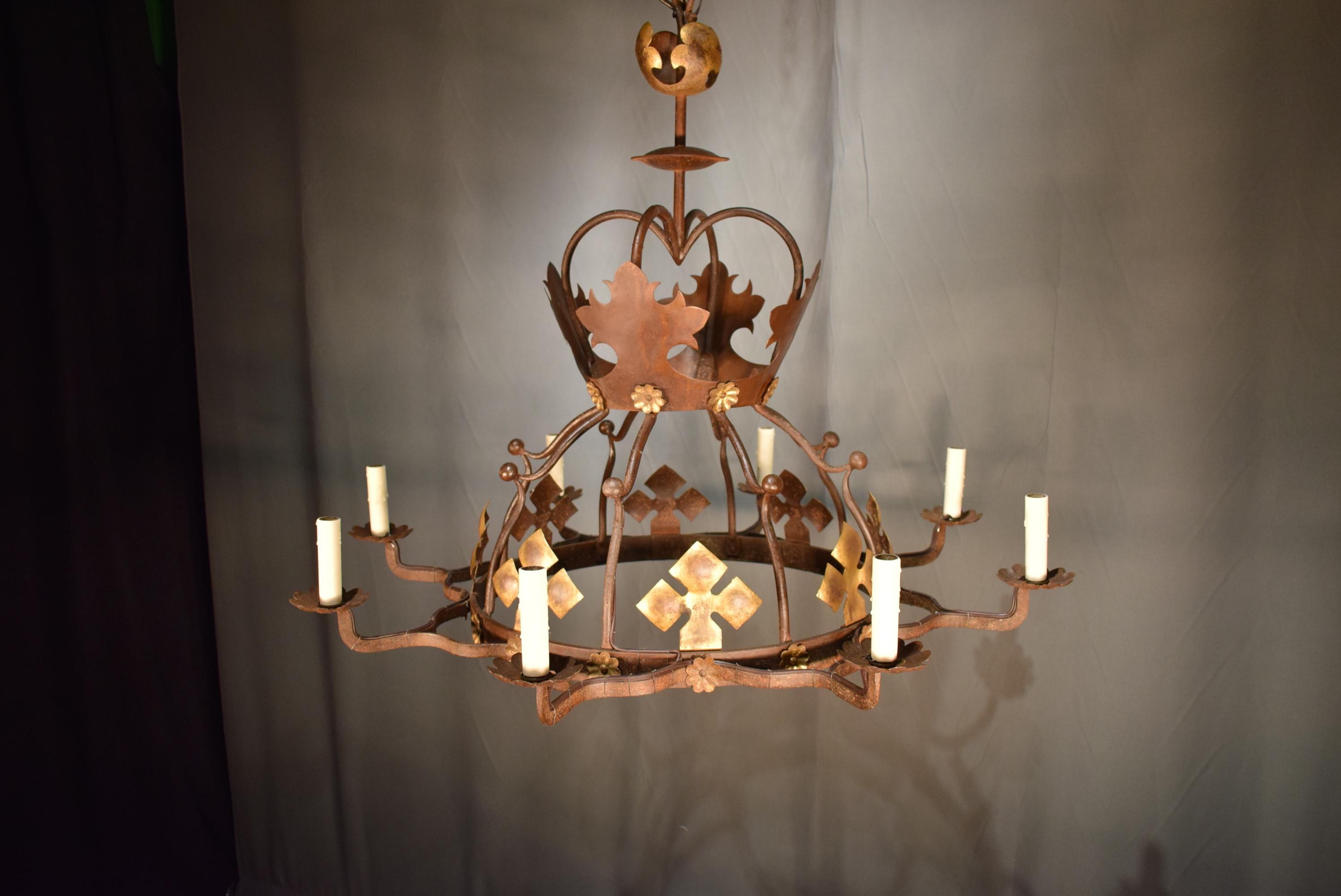 French Fine Tudor Style Iron Chandelier, France, circa 1940 For Sale