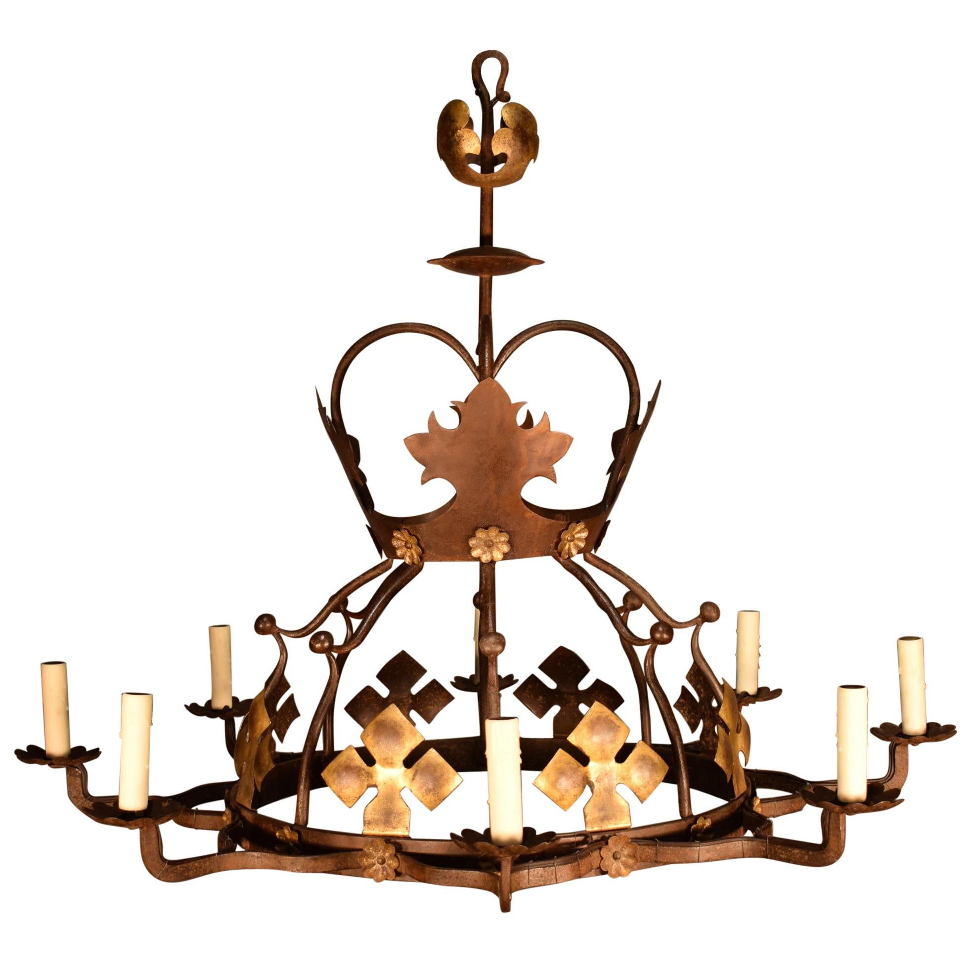 Fine Tudor Style Iron Chandelier, France, circa 1940 For Sale