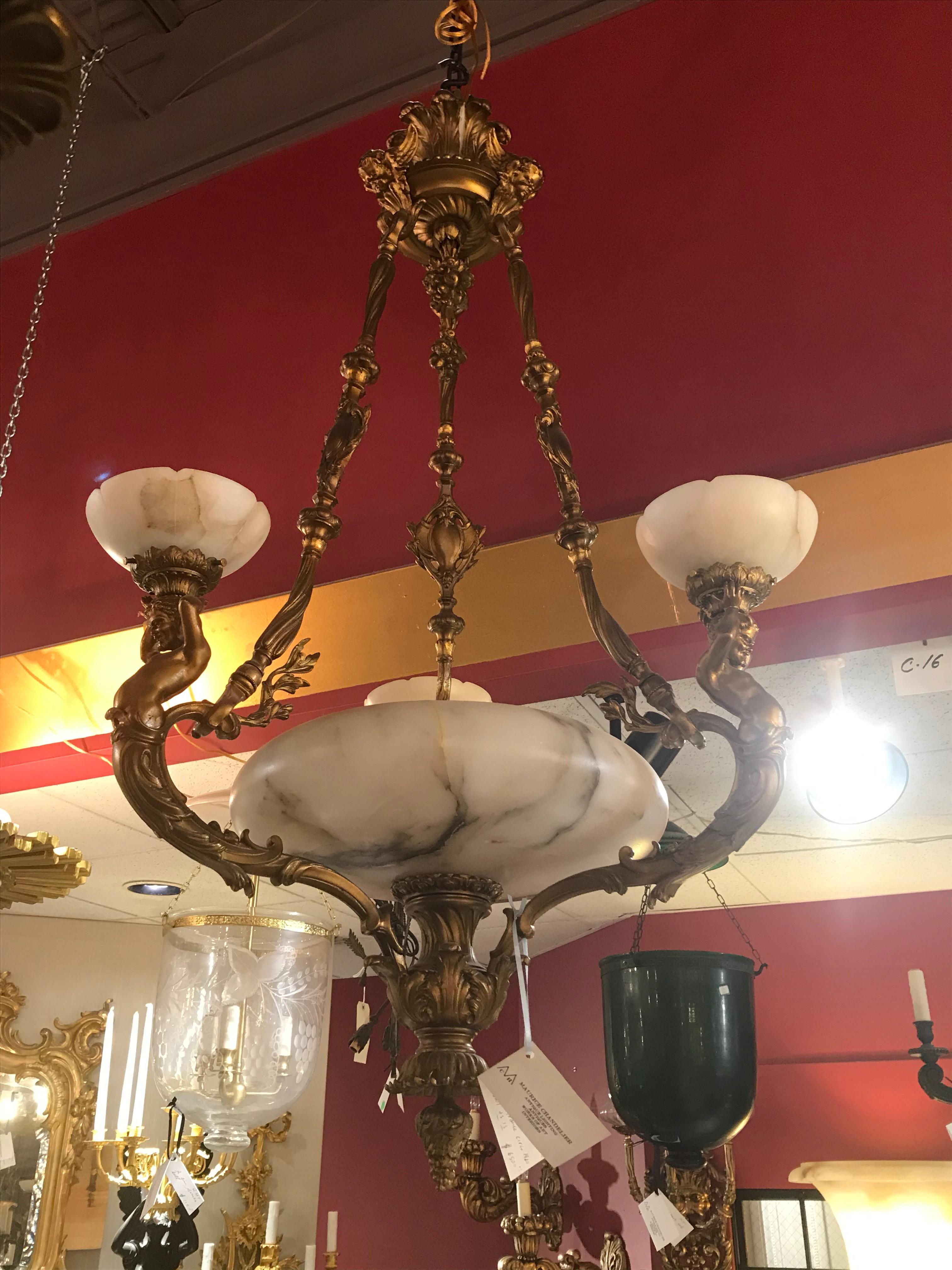 French Fine & Unusual Gilt Bronze & Alabaster Chandelier, Bowl as is For Sale