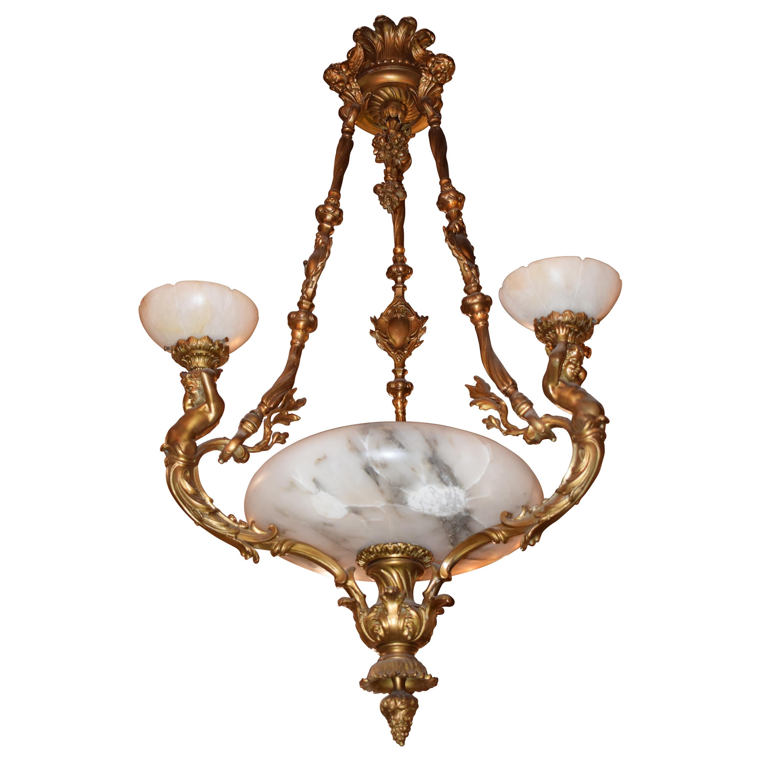 Fine & Unusual Gilt Bronze & Alabaster Chandelier, Bowl as is